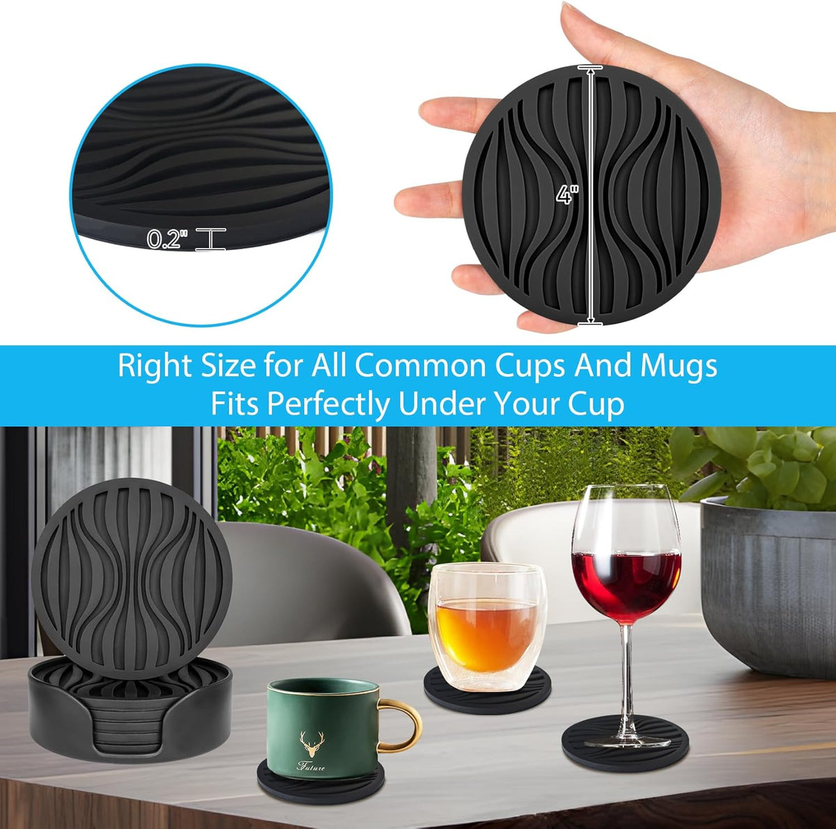 6 Pack Rubber Drink Coasters,Coasters for Drink with Holder,Silicone Cup Mat Non-Stick,Non-Slip,Thickened Live for Hot or Cold Drink-Pure Black