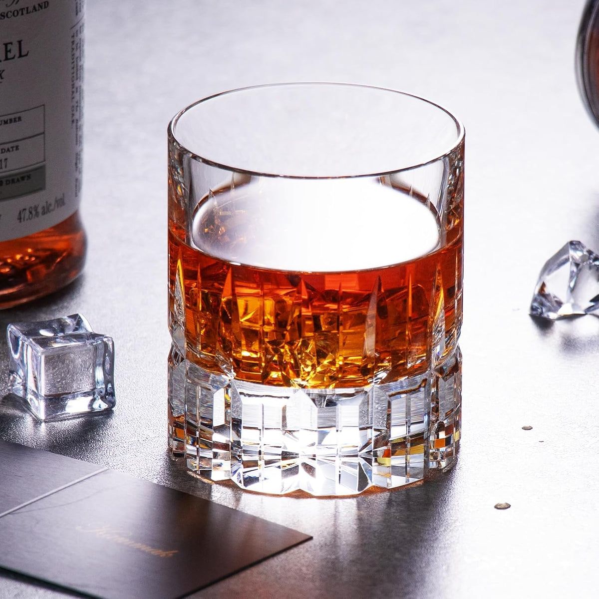KAMMAK Crystal Whiskey Glasses Set of 2, Luxury 7.78oz Old Fashioned Glasses Stemless, Hand Blown Cocktail Glasses, Handcrafted Engraved Scotch Cup for Women, Men Gift for Bourbon Barware