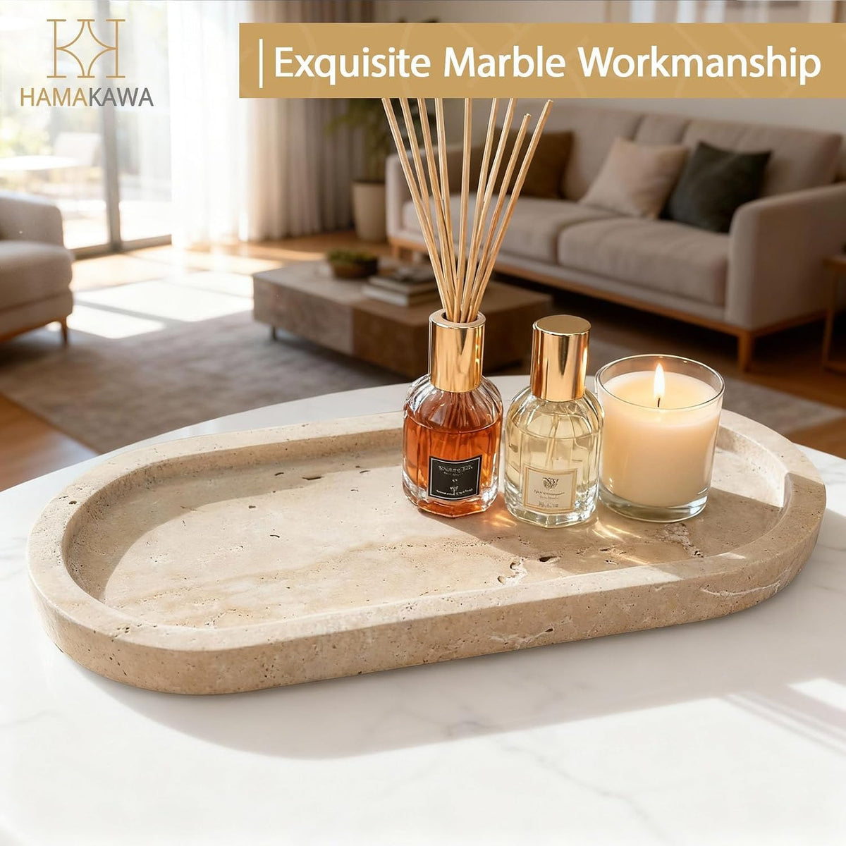 Turkish Marble Perfume Tray, Beige Bathroom Tray 10 Inch