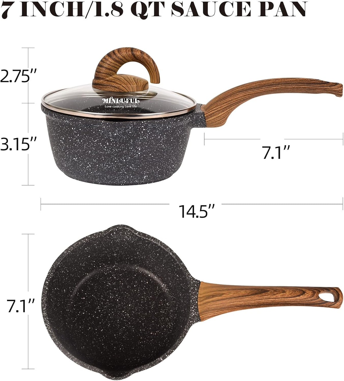 Nonstick Saucepan with Lid, 1.8 Quart Classic Black Granite Coated Pasta Soup Pot for All Stovetops, 7 Inch Small Sauce Pan for Cooking Sauce Soup and Milk
