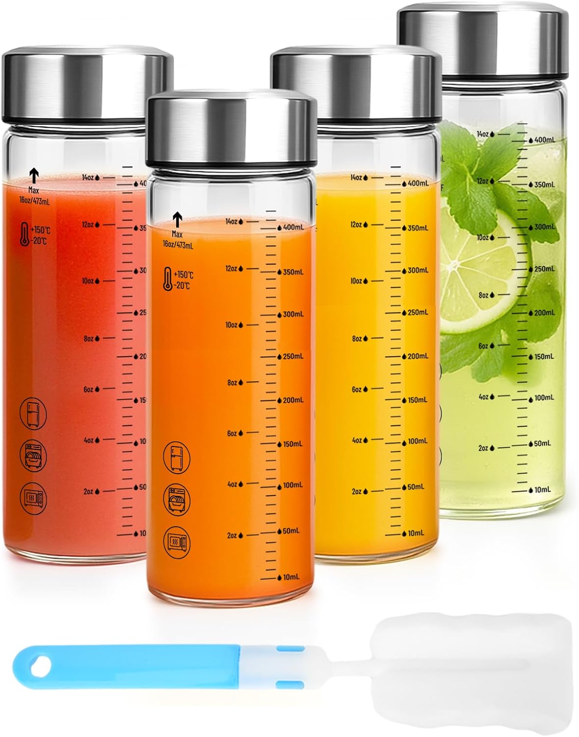 16oz Glass Water Bottles with Lids, 4 Pack Reusable Wide Mouth Juice Bottles with Stainless Steel Ca