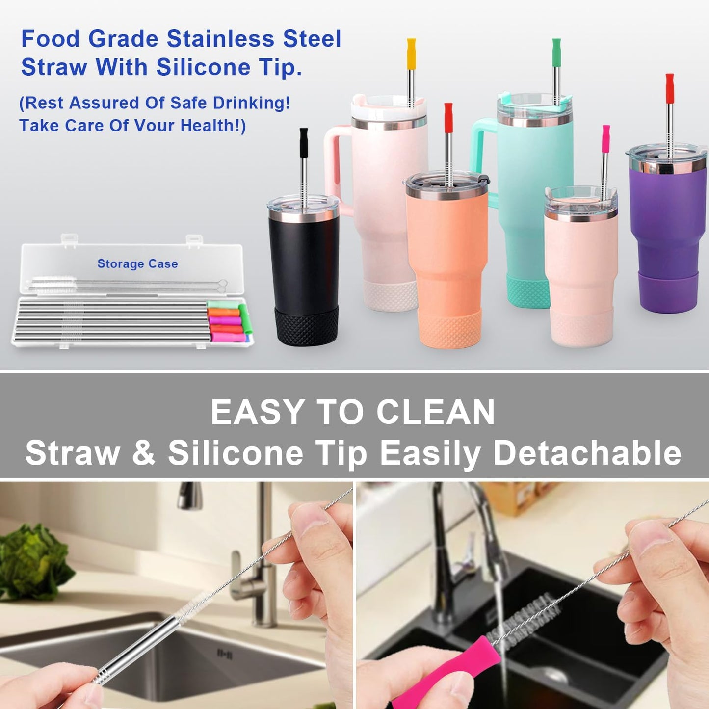 Newly Upgraded 8.5In Reusable Stainless Steel Straws Set 12 PCS with 12 Silicone Tips, 2 Straw Brush, 1 Storage Case, BPA Free, Eco-Friendly Metal Straws for 14, 20, 30 oz Tumbler,for Hot/Cold Drinks