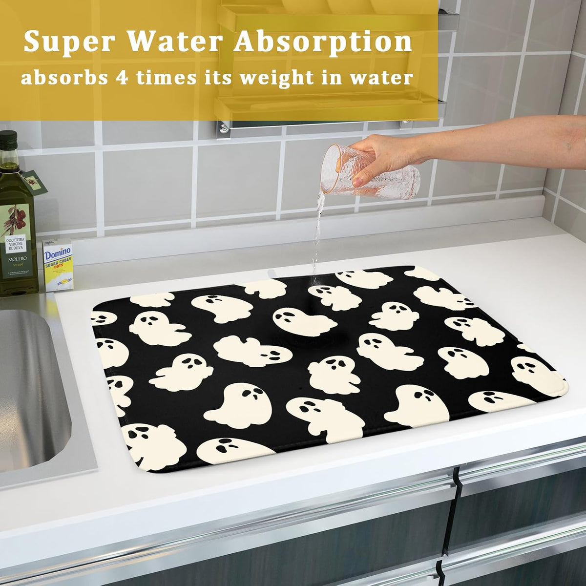 Halloween Ghost Dish Drying Mat 16X18 Inch Spooky Halloween Drying Mat for Kitchen Counter Black White Absorbent Microfiber Reversible Dishes Pad Dish Drainer Mat for Halloween Kitchen Accessories