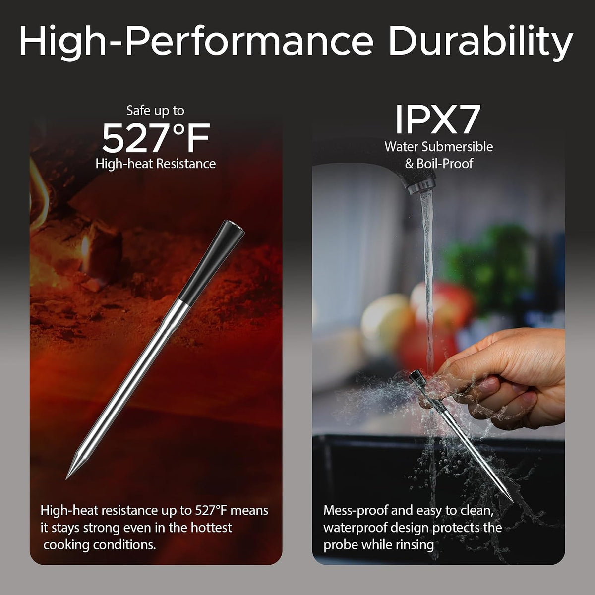 750ft Wireless Meat Thermometer Long Range for Smoker, BBQ & Rotisserie, 2 Probes Smart Bluetooth Thermometer Dual Sensor Waterproof Probe with LCD Base Station Display & App Control