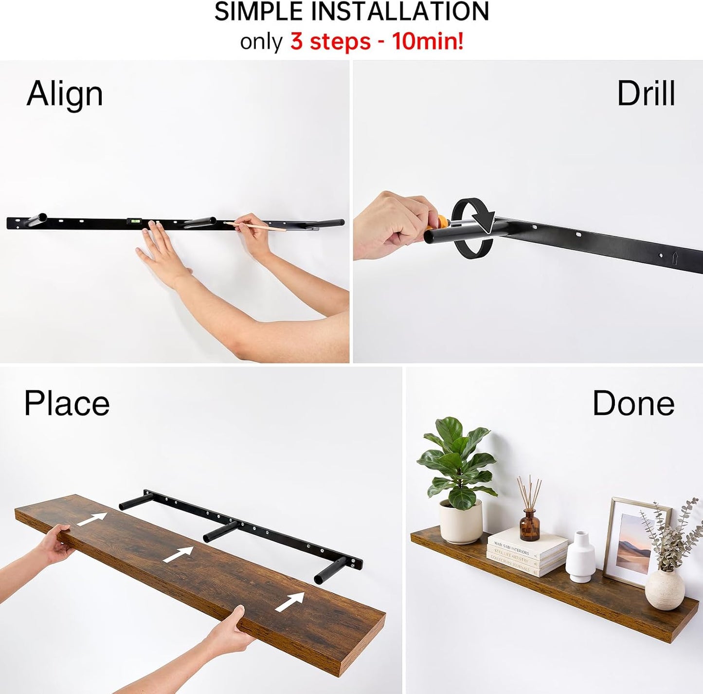 BAYKA Rustic Brown Floating Shelves 47.2in, Set of 2, Wall Mount Wood Shelf