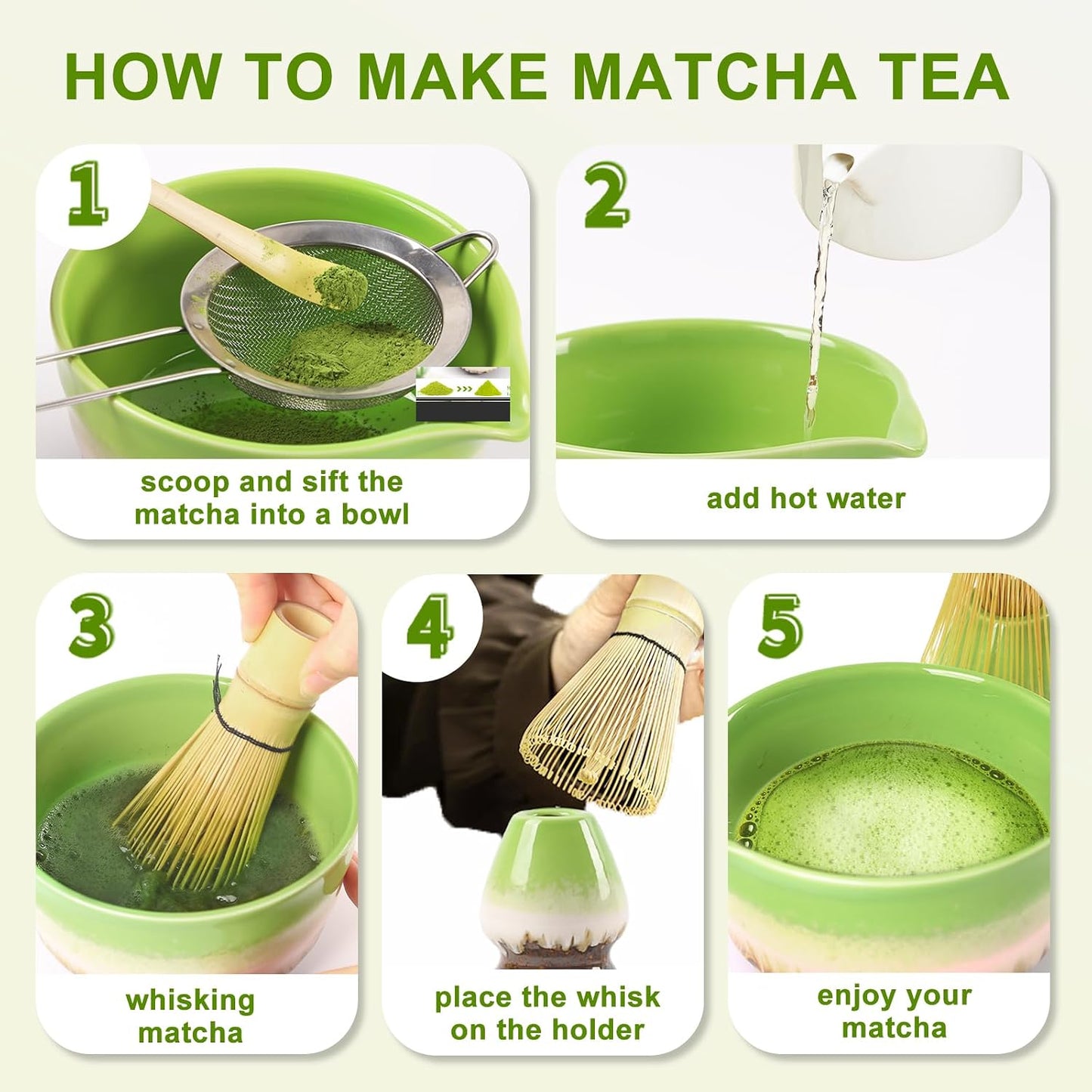 Matcha Whisk Set, 5 PCS Ceramic Matcha Set, Japanese Tea Set Includes Matcha Bowl with Spout, Whisk, Sifter, Holder and Bamboo Spoon, Matcha Kit Gift For Authentic Ceremony (Green)