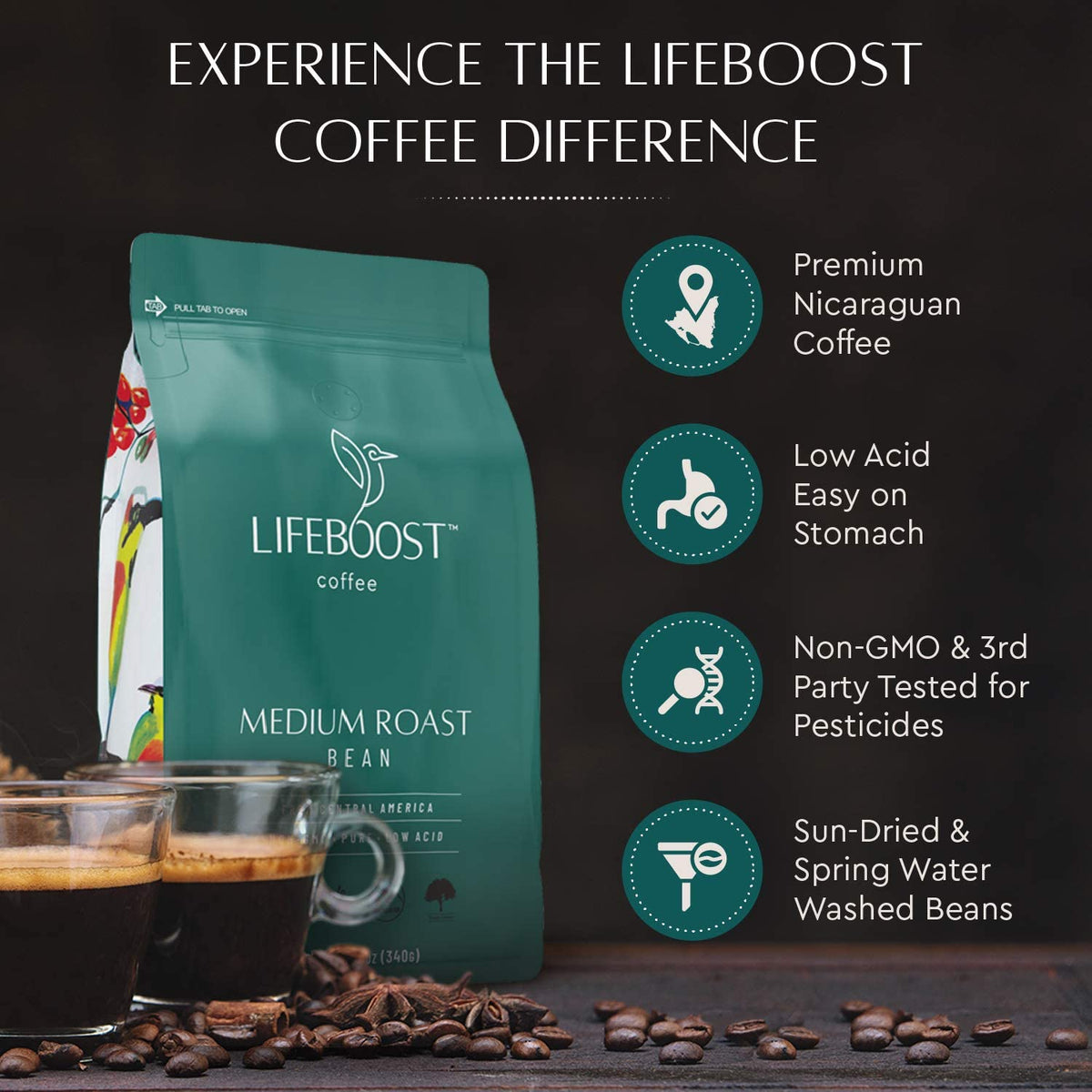 Lifeboost Medium Roast Low Acid Coffee Beans, Organic, 12oz, 3 Pack