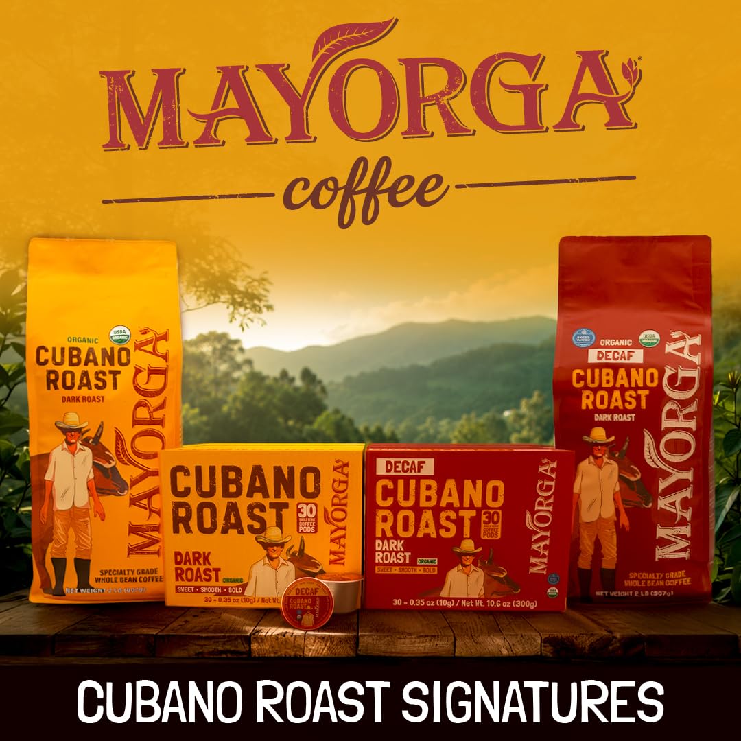 Mayorga Decaf Coffee 2lb Bag Dark Roast Organic Swiss Water Decaffeinated Cubano Roast Coffee - 100% Arabica Whole Coffee Beans - Smoothest Organic CoffeeSpecialty Grade, Non-GMO, Direct Trade