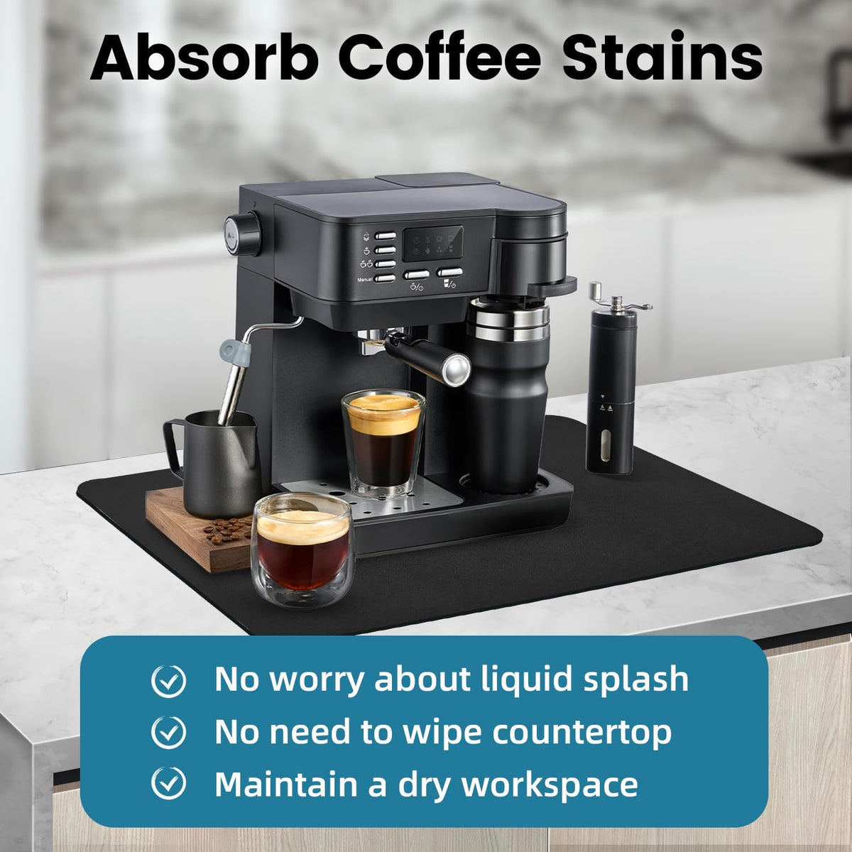 PoYang 17x12 Inch Coffee Mat, Small Dish Drying Mat, Black | Quickly Absorbs Spills, Stain-Hiding, Non-Slip & Heat-Resistant Mat for Coffee Maker, Espresso Machine & Kitchen Countertop