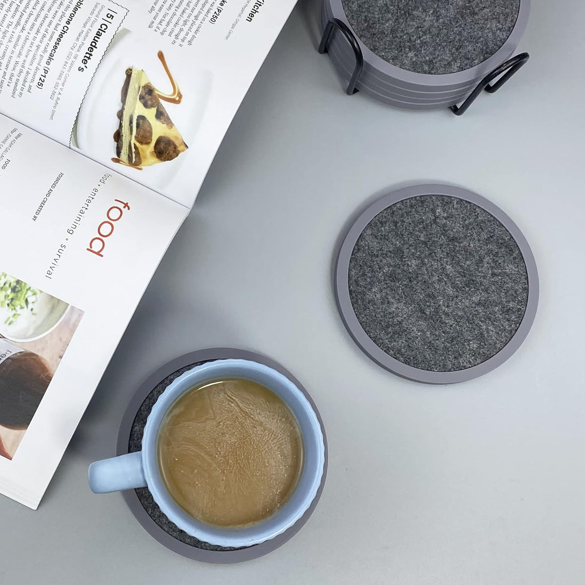 Absorbent Coasters for Drinks with Holder - 6packs, Silicone Coaster with Soft Felt Insert (4.3 inch Coasters with 4.5 inch Holder, t, Black and Gray)