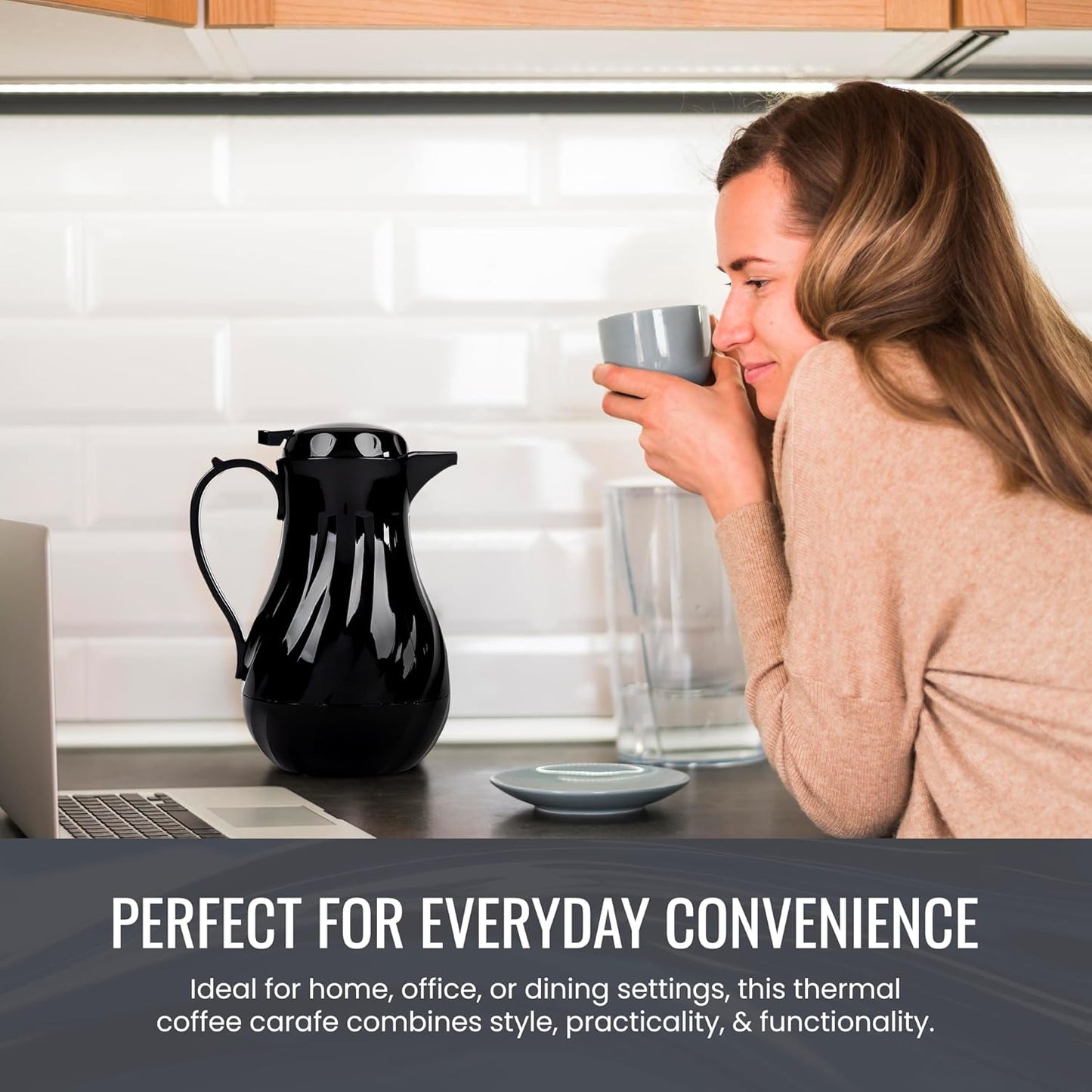 OCS Parts Easy Pour Thermal Coffee Carafe | 10-Inch Insulated Hot and Cold Beverage Pitcher Server for Coffee, Tea, Hot Chocolate and Water with Colored Tags for Easy Idenfication | 42-Ounce | Black