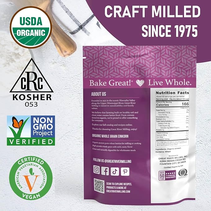 Great River Milling Einkorn Wheat Berries | Whole Grain Ancient Wheat | Non-GMO, High-Protein, Kosher | Mill at Home as All-Purpose Flour Alternative for Baking & Cooking | 5 Lb