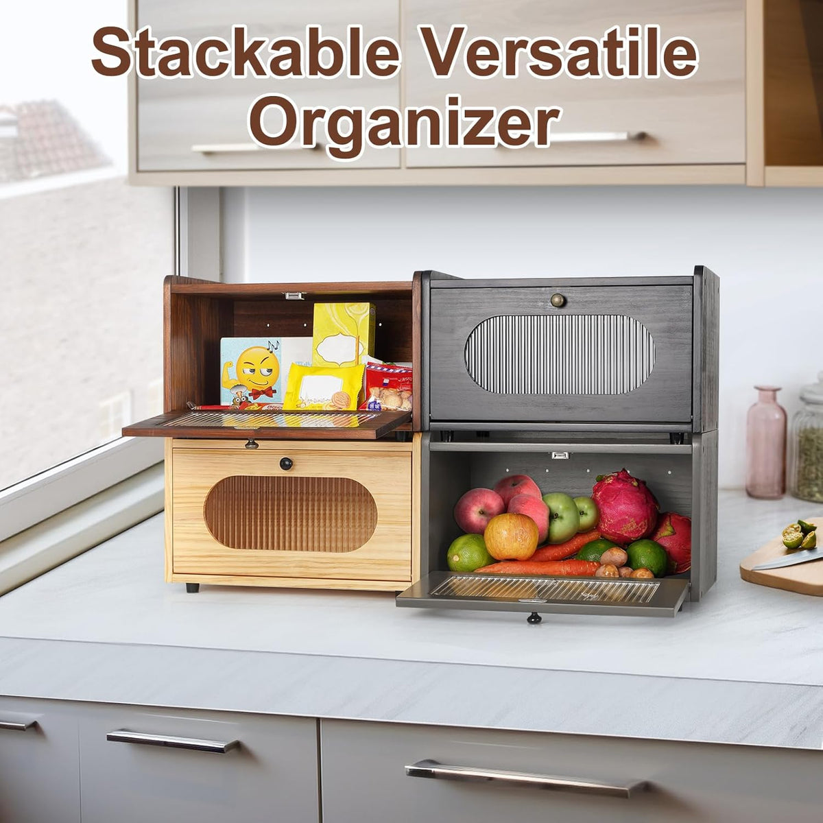 Sunhoo Bread Box for Kitchen Countertop Storage Wooden Breadbox Holder Container Morden Rustic Fresh Bread Keeper Farmhouse Stackable Organizer Bin for Homemade Food Shelf Acrylic Window (Yellow)