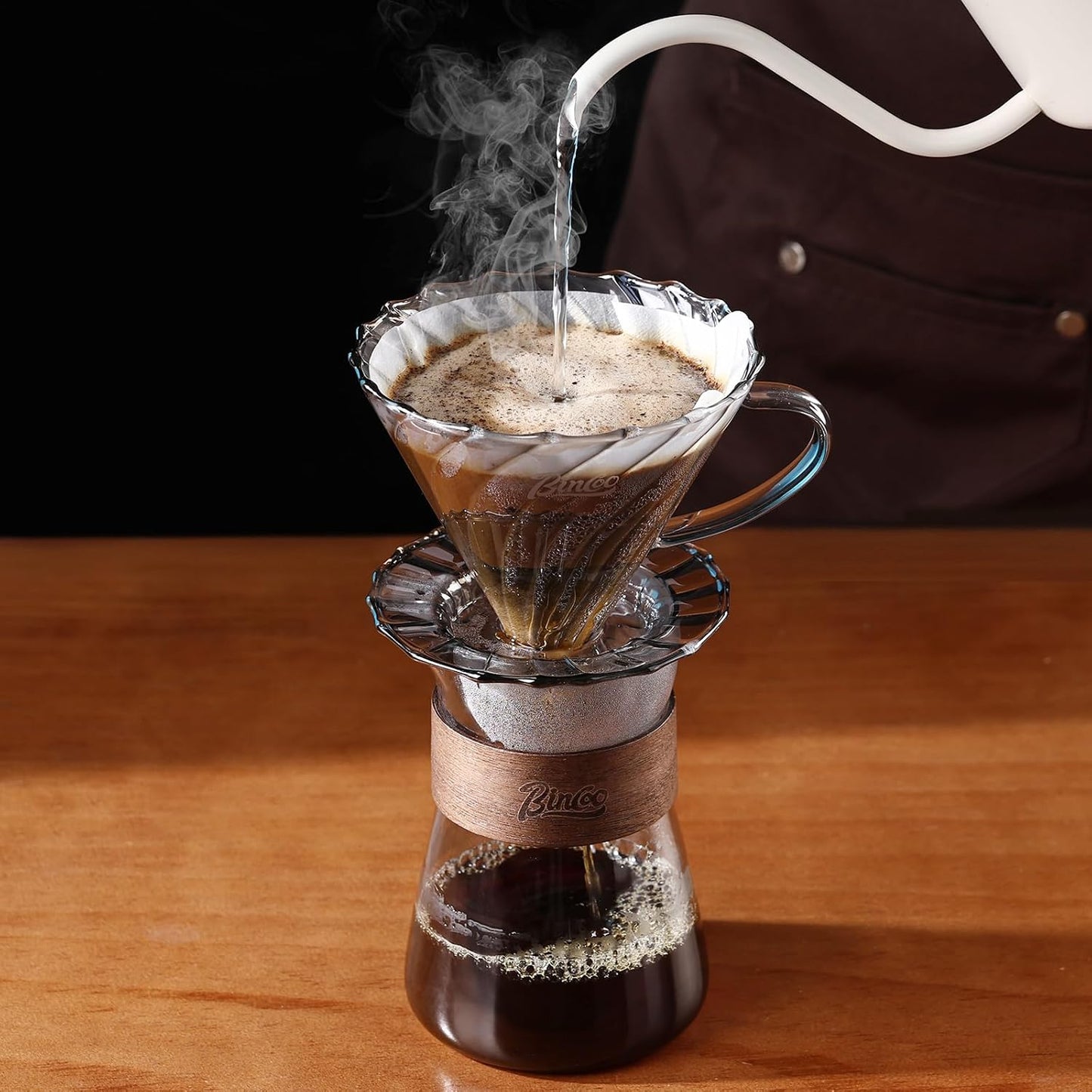 Bincoo Pour Over Coffee Dripper Set, V-shape 60° Cone Drip Coffee Maker, Included Borosilicate Glass Carafer and Coffee Dripper & 50 Pcs Size 02 Paper Filter, 16oz(500ml) (Smoky Gray Set)