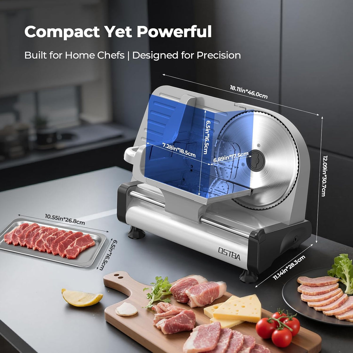 OSTBA Meat Slicer, Two 8.7” Stainless Steel Blades, 200W DC Motor