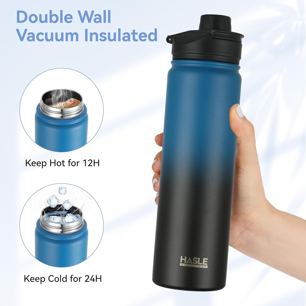 HASLE OUTFITTERS Insulated Water Bottle 22 oz Double Wall Stainless Steel Water Bottle Wide Mouth with Straw Lid & Spout Lid Keeps Cold or Hot(Blue Black Gradient,1)