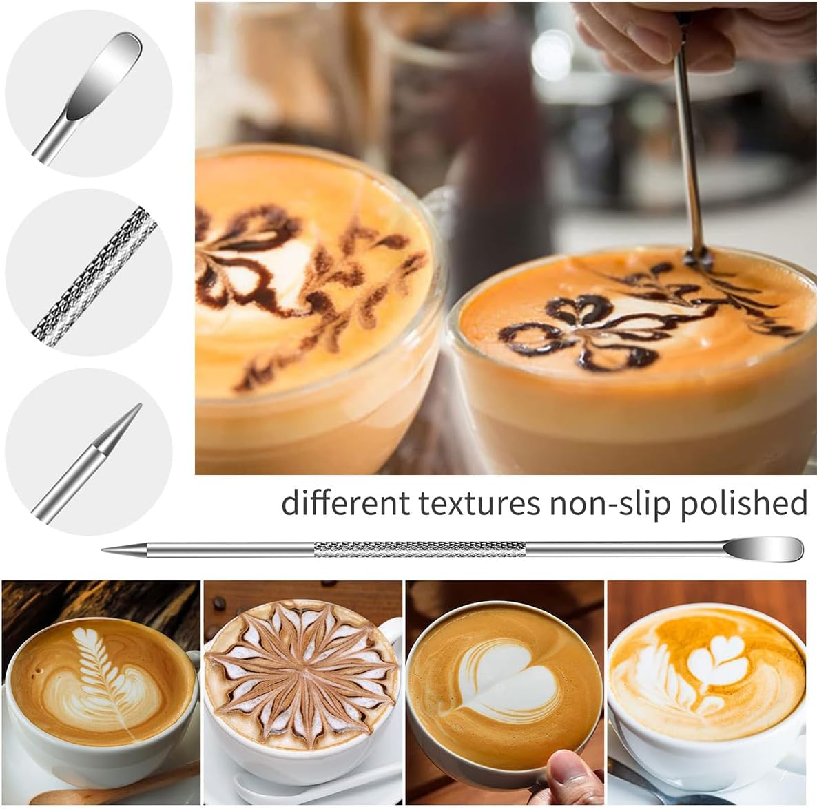 4Pieces Stainless Steel Milk Frothing Pitcher Set, Latte Art Barista Steaming Pitchers Set -Include Milk Frother Cup, Latte Art Pen, Powder Shaker, 5pcs Coffee Decorating Stencils (350ml/11oz)
