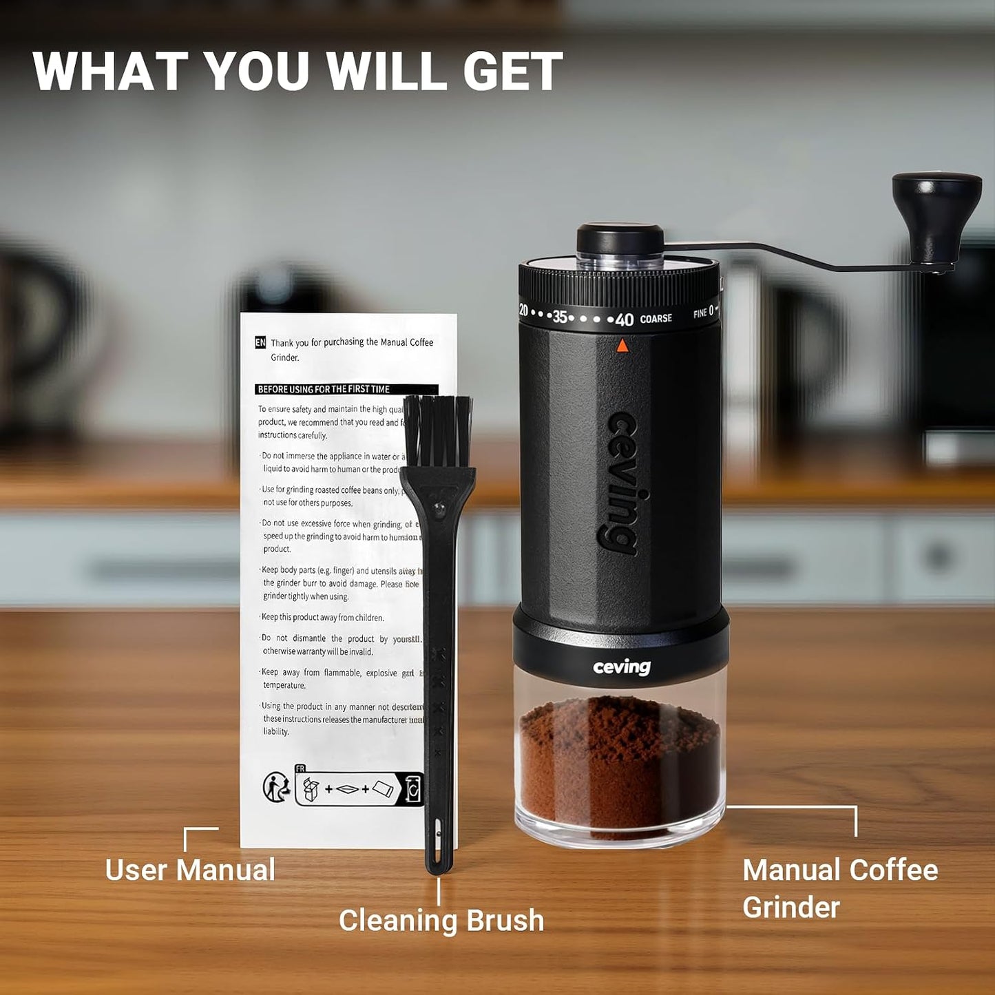CEVING World's First 60g Large Capacity Manual Coffee Grinder, Black | 40 External Settings, Portable Hand Coffee Bean Mill with Stainless Steel Conical Burr for Travel, Camping, Pour Over & Gift