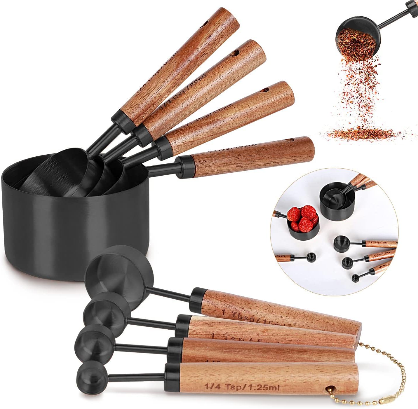 Collection 8 Piece Black Measuring Cups Set and Measuring Spoons, Golden With fragrant wood Handles-