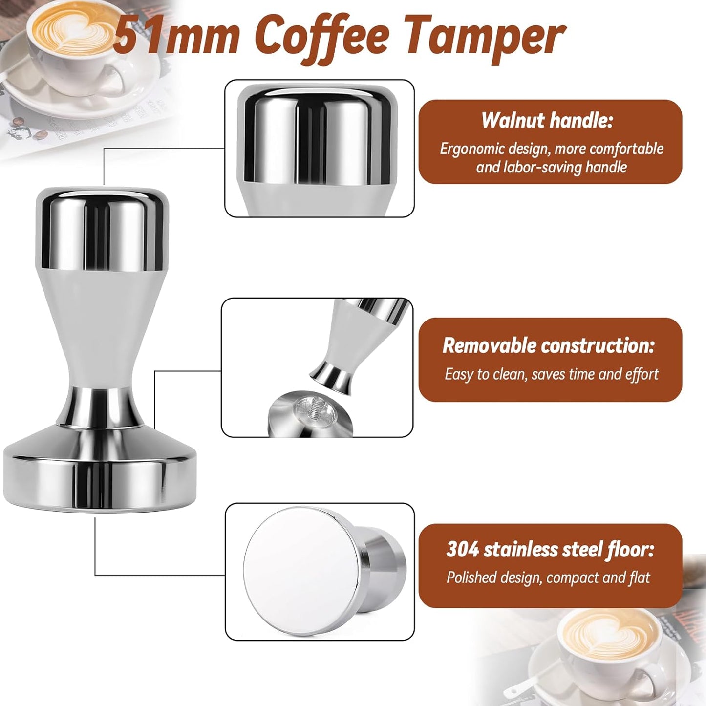 Espresso Accessories Kit, 51mm Tamper, Coffee Tamper Set, Silver 51mm Stainless Steel Espresso Tamper, Dosing Funnel, Tampers Mat, WDT Tools and Puck Screen Set Fit 51mm Portafilters