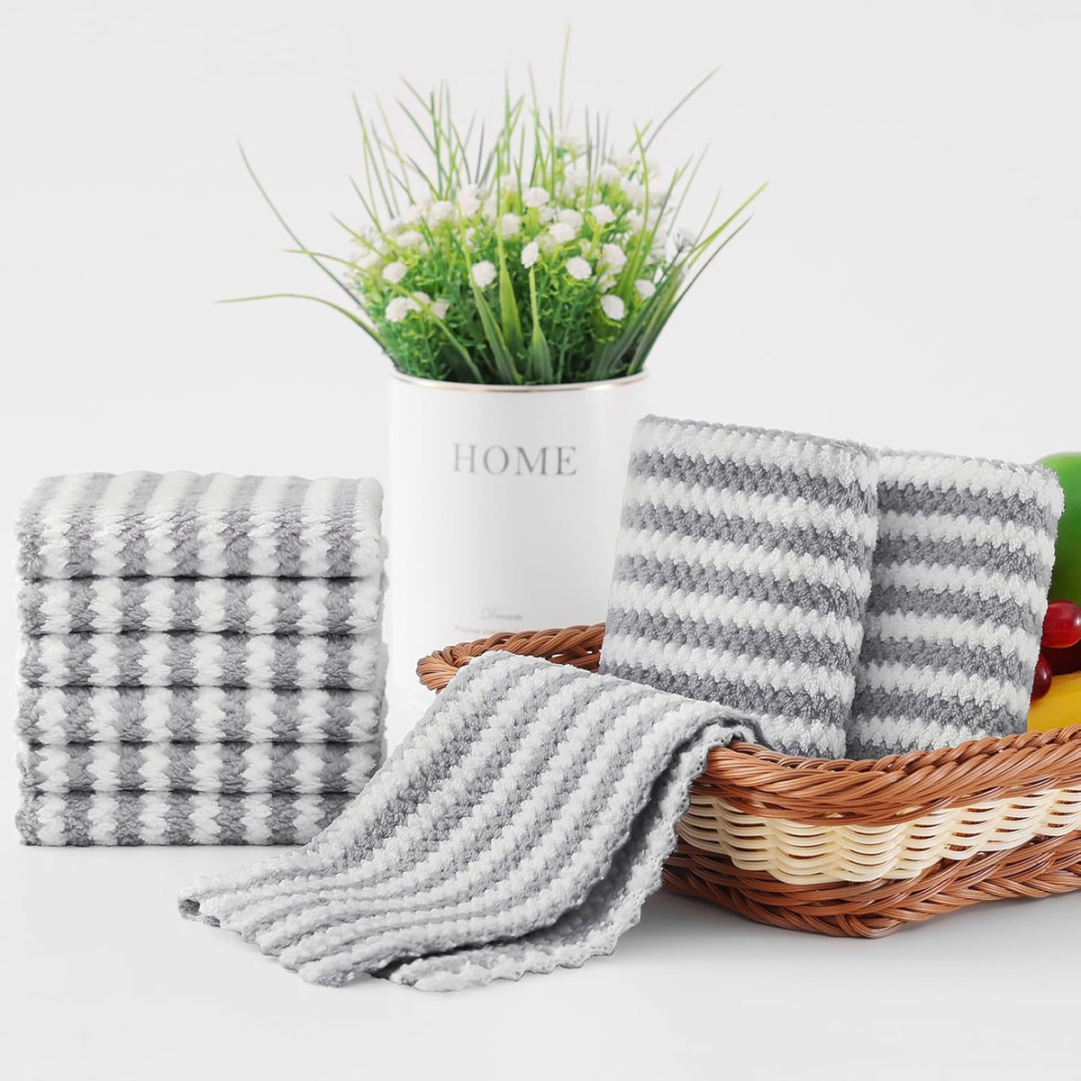Homaxy 12 Pack Kitchen Dish Cloths, Ultra Soft and Absorbent Dish Towels, Reusable Fast Drying Microfiber Cleaning Cloth, Coral Velvet Wave Design No-lint, 10 x 10 inches, Grey