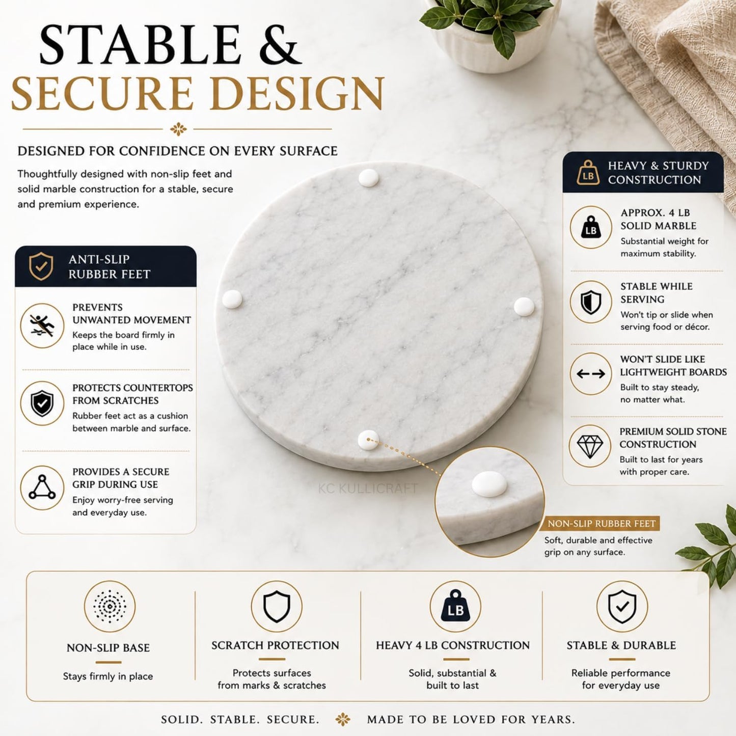 11-Inch Round Marble Cheese Cutting Board, White | Solid Natural Stone, Cutting Board & Charcuterie Serving Tray, Non-Slip Feet, 0.5" Thick, Easy to Clean