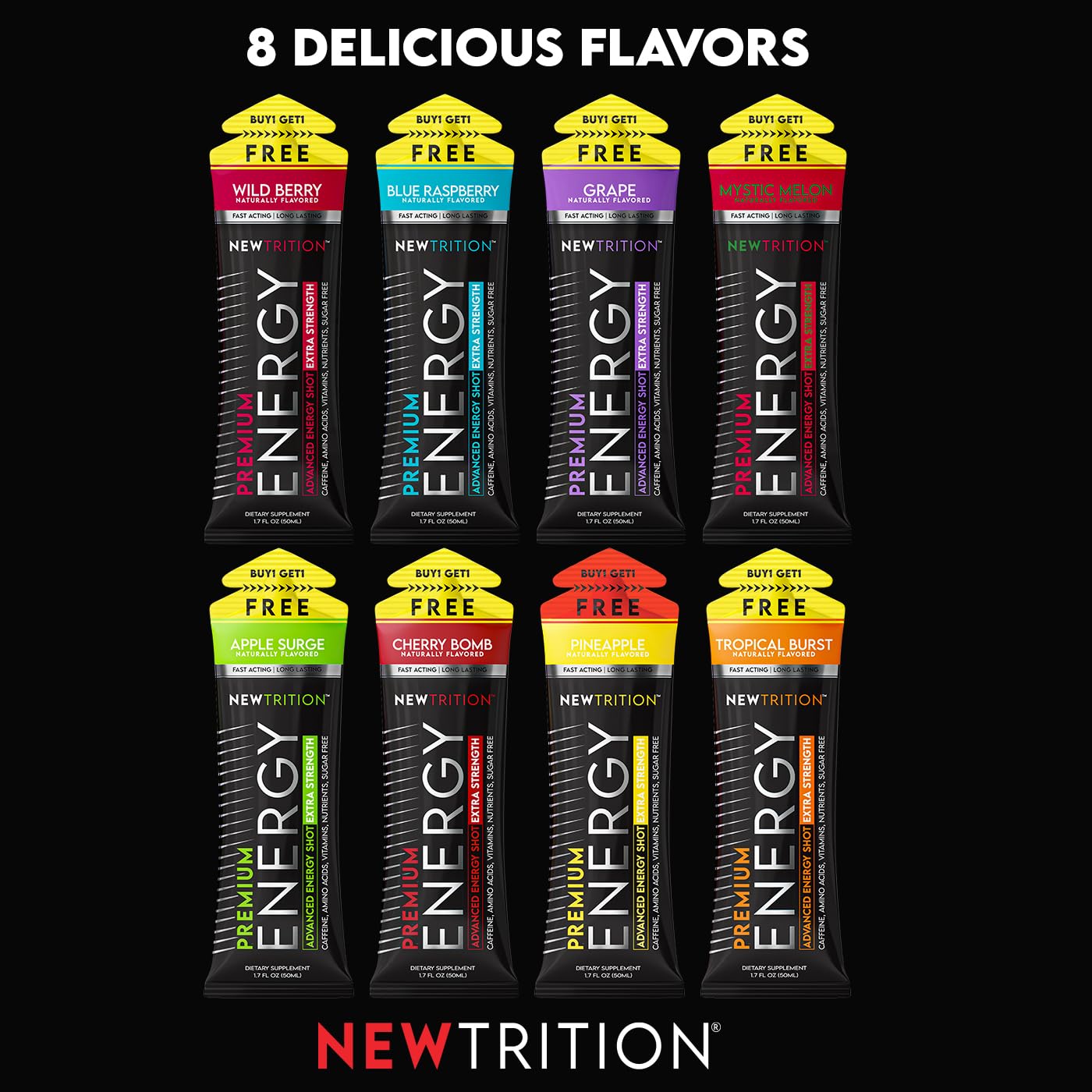 NewTrition® Extra Strength Energy Shots, 250mg Caffeine Energy Shots with Vitamin B & Amino Acids, Sugar-Free Vitamin Energy Shot, 1.7 fl oz (Pack of 12, 4 Flavors-Mixed-1)