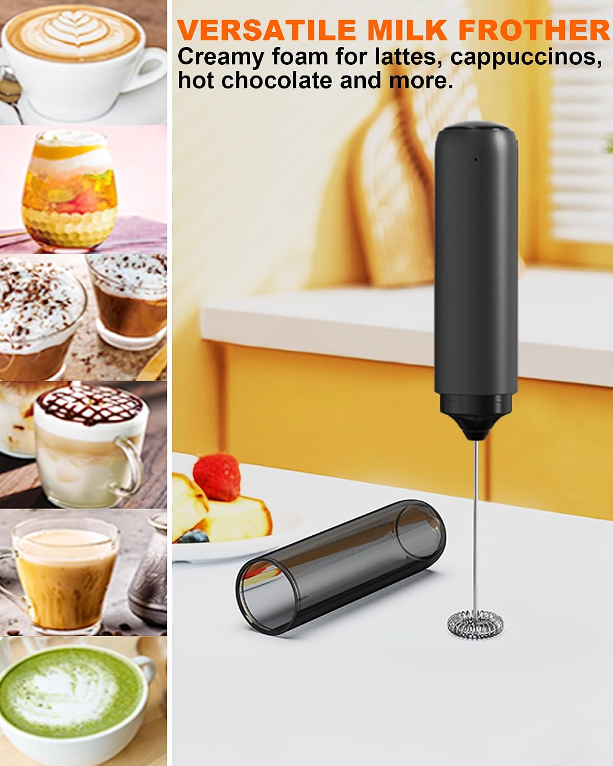 Rechargeable Milk Frother Handheld Foam Maker, Black