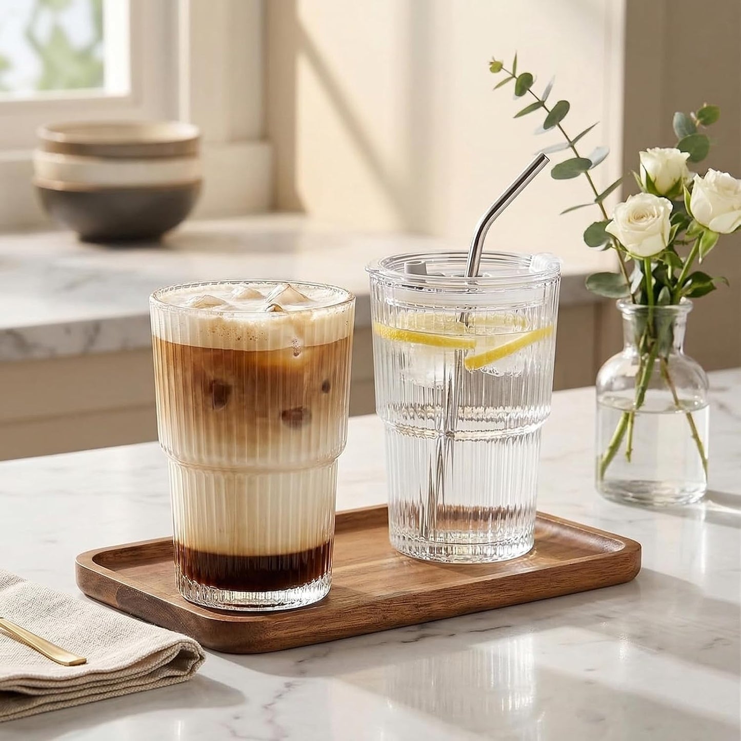 13oz Iced Coffee Cups with Lids and Straws, Thicken Glass Cups, 2 PCS | Dishwasher Safe & Leak Proof Glass Tumbler for Coffee Tea Juice Matcha, Drinking Glasses Set Fits Most Car Cup Holders