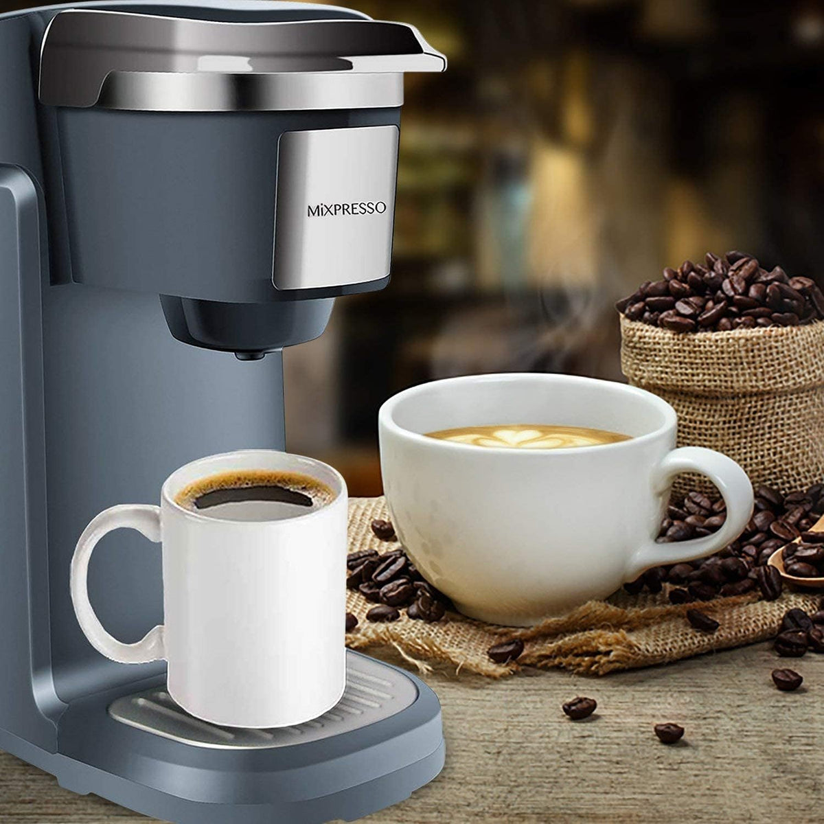 Mixpresso Single Cup Coffee Brewer - Quick Brew, One Touch Function, 12oz One Cup Grey Coffee Maker