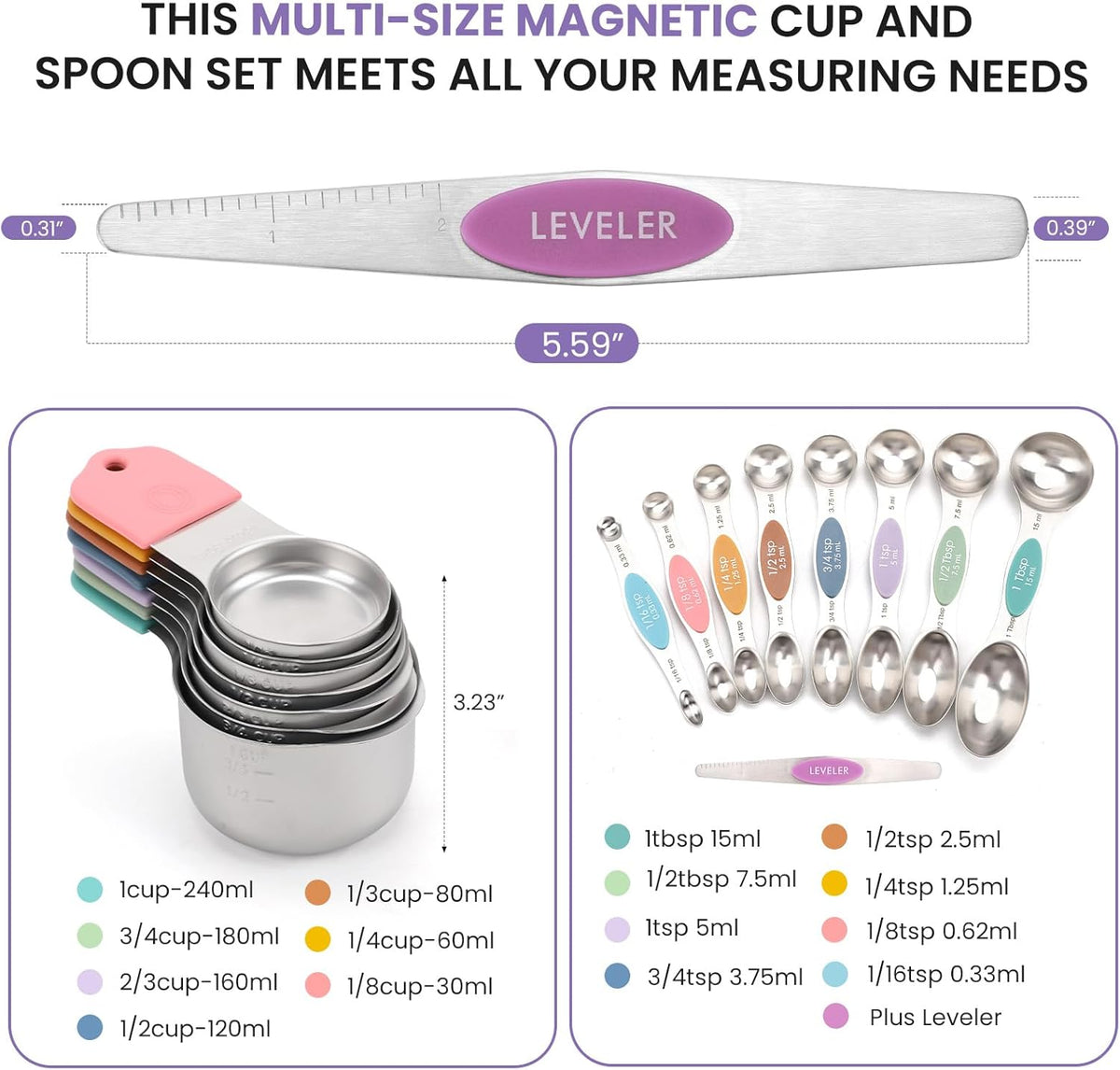 Magnetic Measuring Cups and Spoons Set-Heavy Duty 304 Stainless Steel,Double Measurement Markings,Set of 16 with Leveler for Measure Dry and Liquid Ingredients