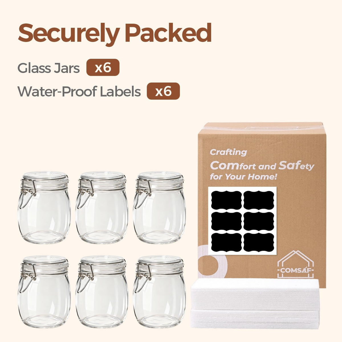 ComSaf Glass Mason Jars with Airtight Lids 25oz 6 Pack Pickling Pantry