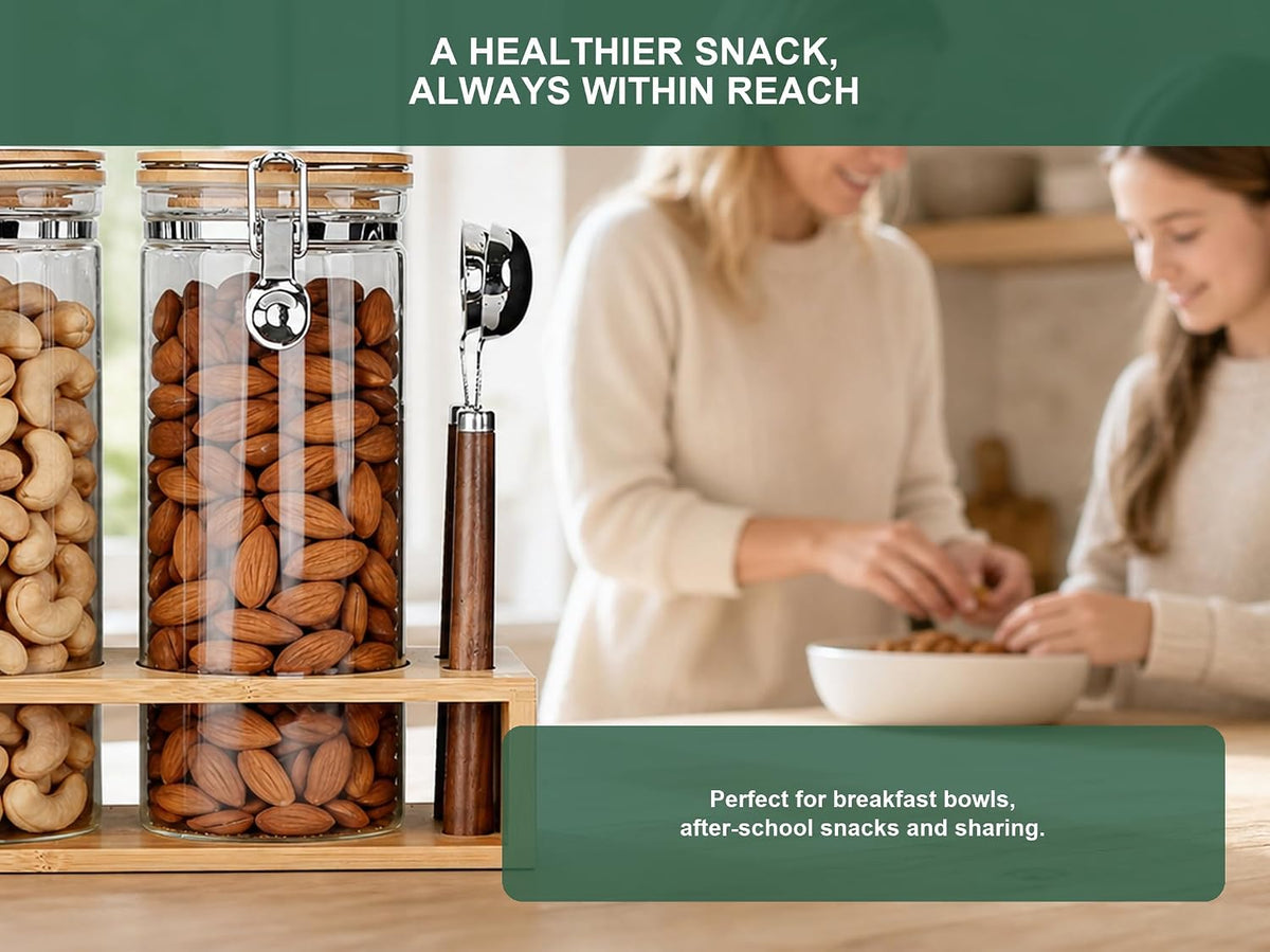 KKC Nut Storage Containers with and Scoops, 2 Pack (50 oz / 1.5L) - Glass Nut Jars with Bamboo Lids, Kitchen Counter Nut Storage for Almonds Cashews Walnuts