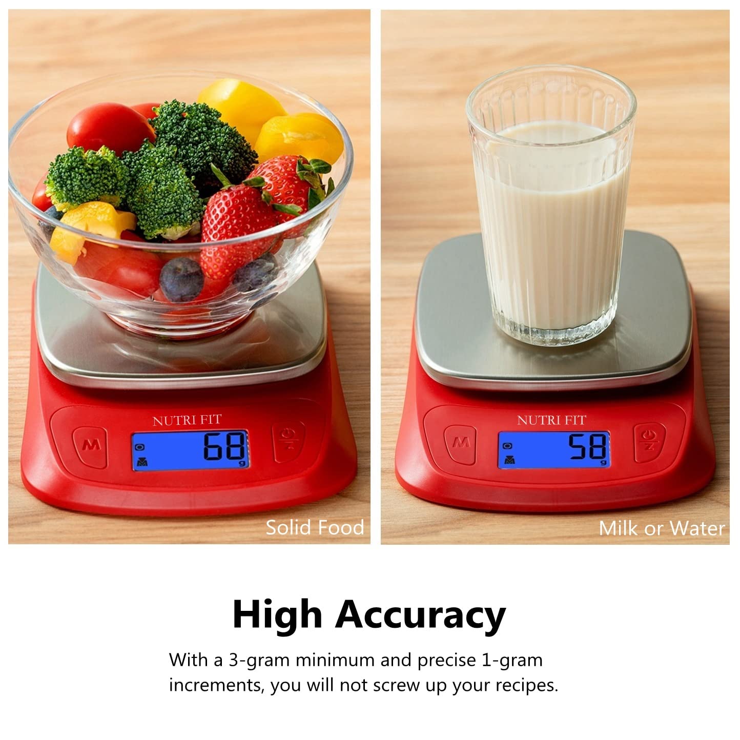 Ultra Slim Food Scale Digital Kitchen Scales Weight Grams Oz Red | Stainless Steel Panel, 1g Increment, Max 11lbs, Backlit Screen, High Precision, Coffee Making, Meal Prep, Include Batteries