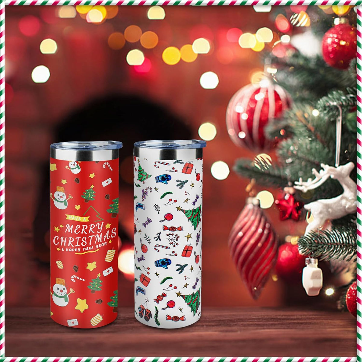 20oz Christmas Skinny Tumbler with Lid and Straw,Stainless Steel Vacuum Insulated Tumbler Cup Double Wall Travel Coffee Mug Christmas Gifts for Women Men(Xmas Elements,2)