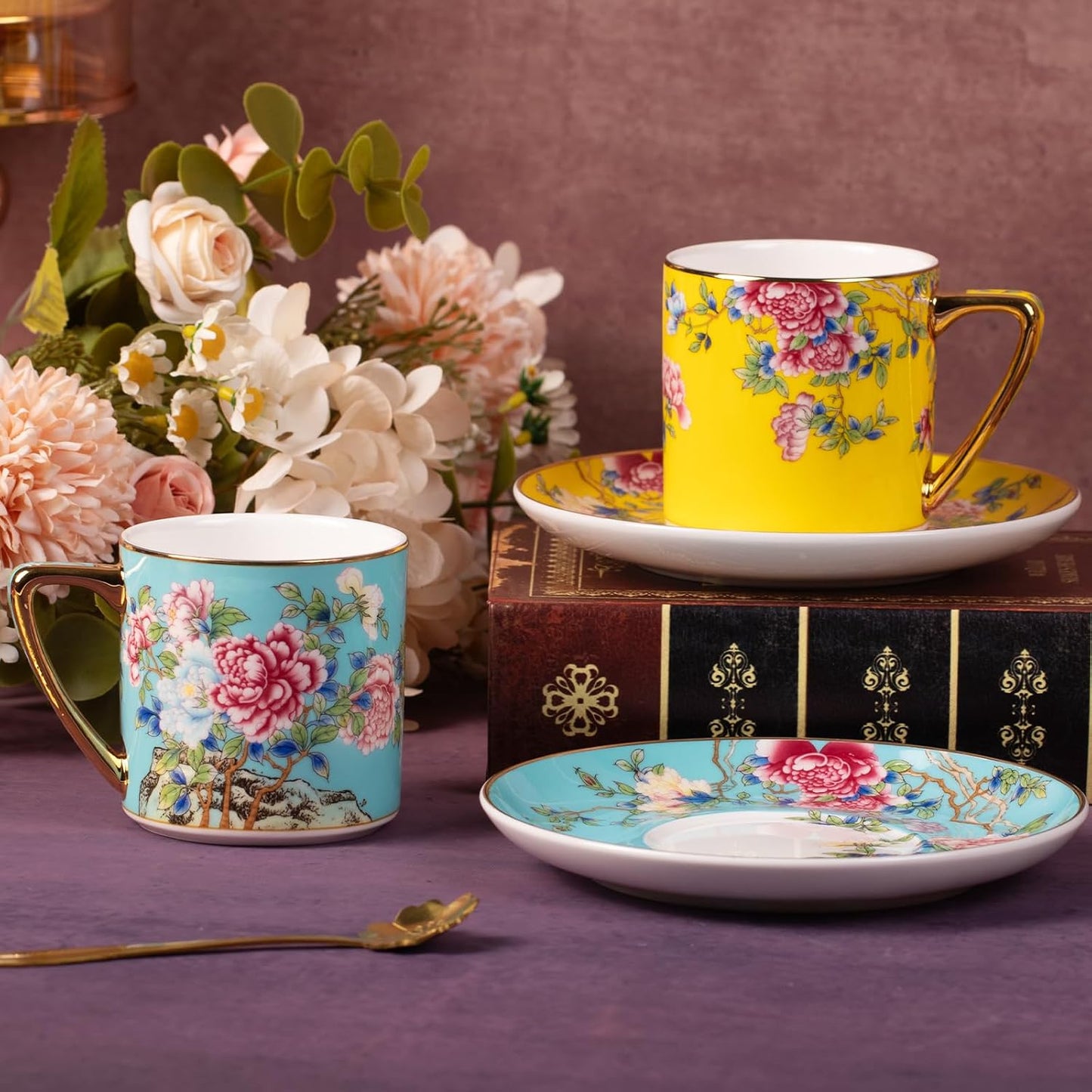 KAMMAK Tea Cup and Saucer, Ceramic Coffee Cups, 7.5 oz, Set of 2 | Porcelain Tea Cups with Saucers for Coffee and Cappuccino, Ideal for Breakfast, Afternoon Tea and Entertaining,633+634N