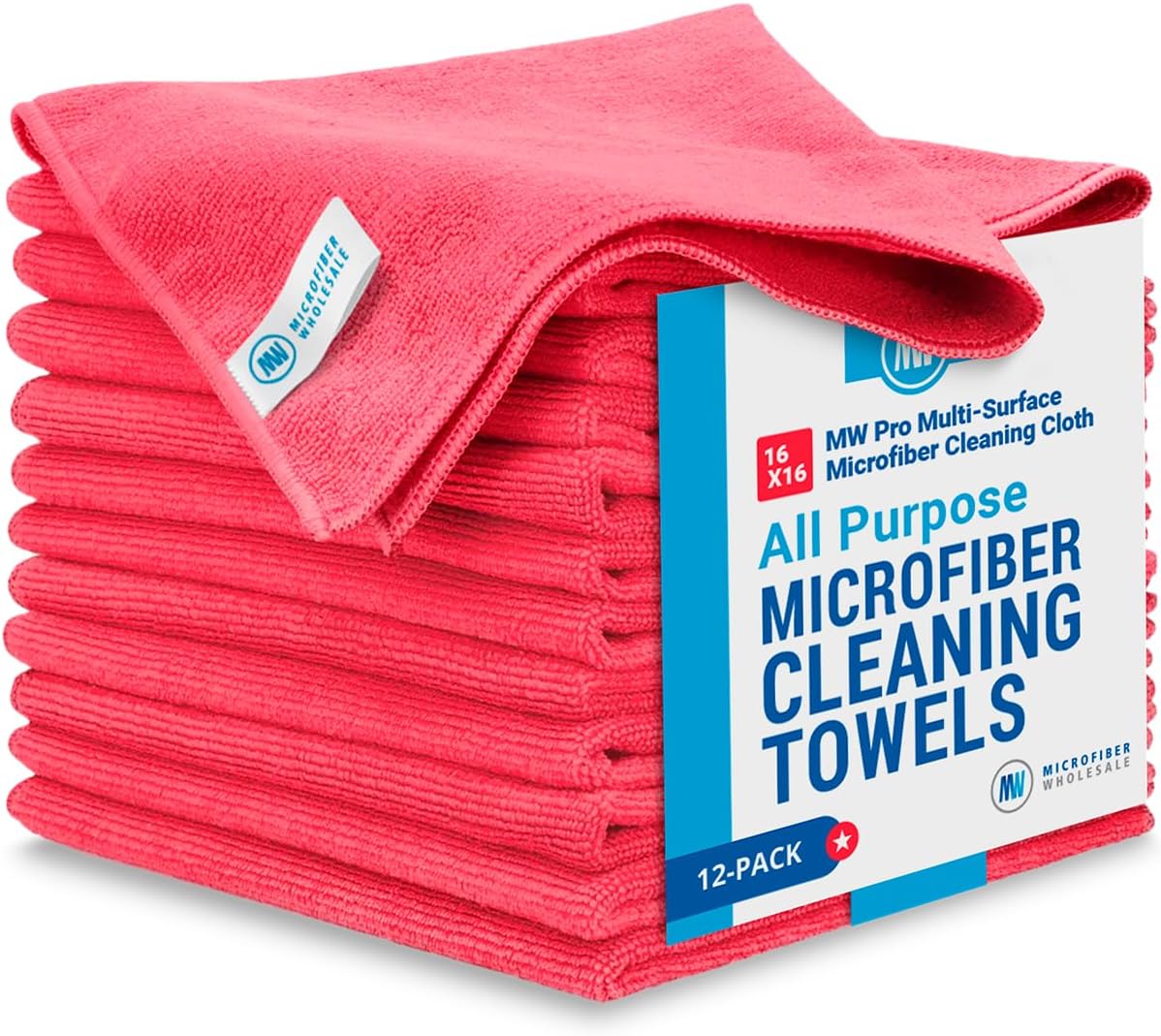 MW Pro Microfiber Cleaning Cloth | Red (12 Pack) | Size 16" x 16" | All Purpose Microfiber Towels -