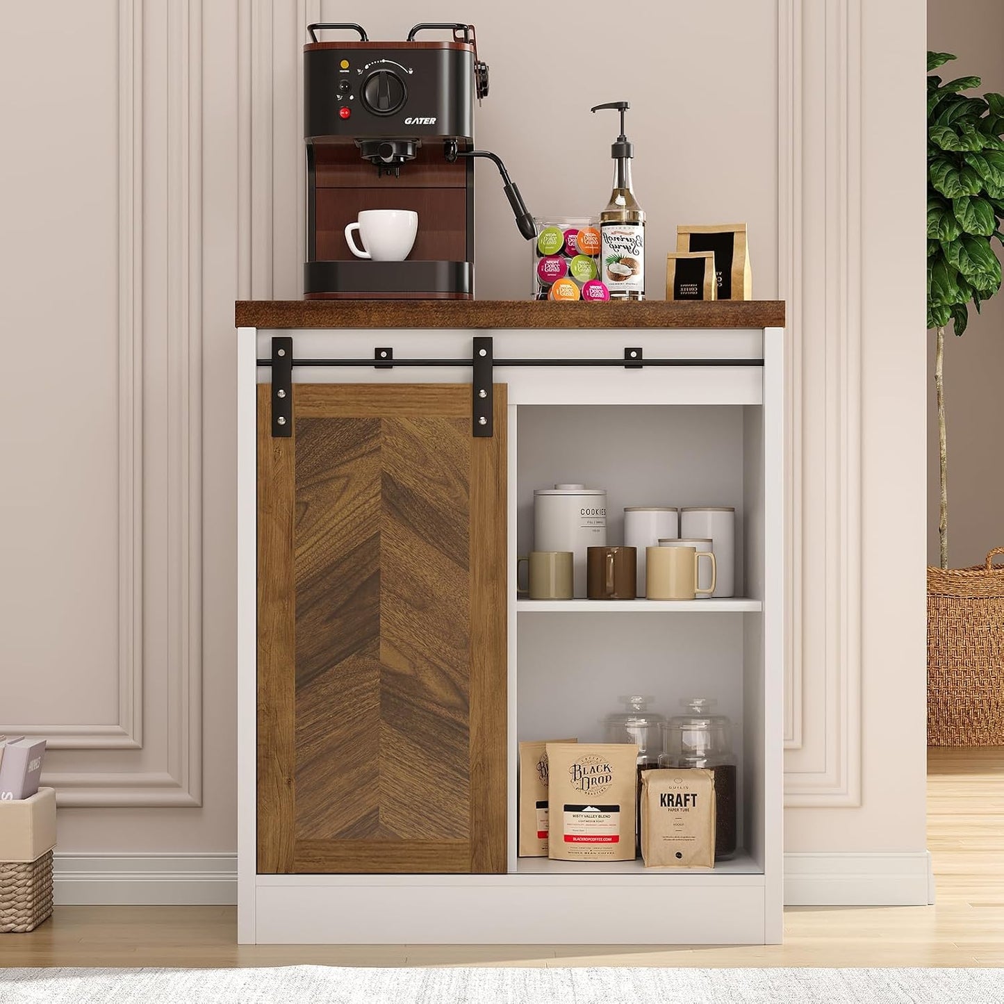 Catrimown Farmhouse Small Coffee Bar Cabinet with Storage, White Coffee Bar Table with Sliding Barn Door, Adjustable Shelves, Bar Cabinet for Kitchen, Dining Living Room, 1 Pack