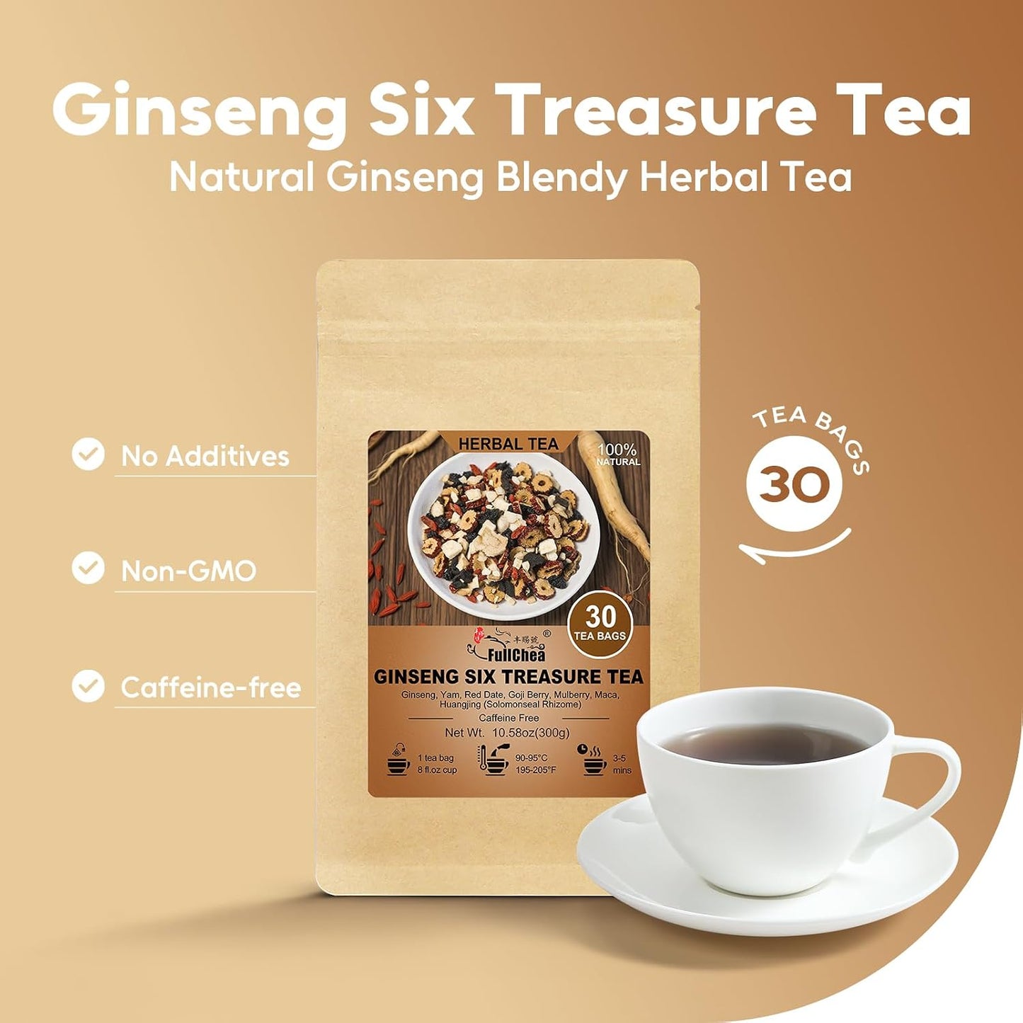 FullChea - Ginseng Six Treasure Tea Bags, 30 Ct, Traditional Herbal Blend | Traditional herbal blend with ginseng, goji berry. Supports daily wellness and gentle digestion. Caffeine-free, Non-GMO 