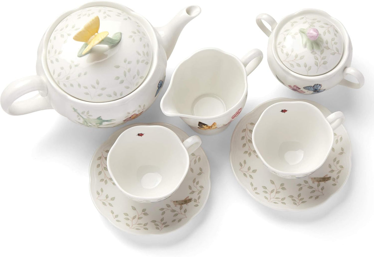 Lenox Butterfly Meadow Porcelain Teapot and Tea Cup Set, 9-Piece, 48oz | dishwasher safe | includes creamer, sugar bowl, 2 teacups, 2 saucers | floral tea party gift | 48oz, gift for women