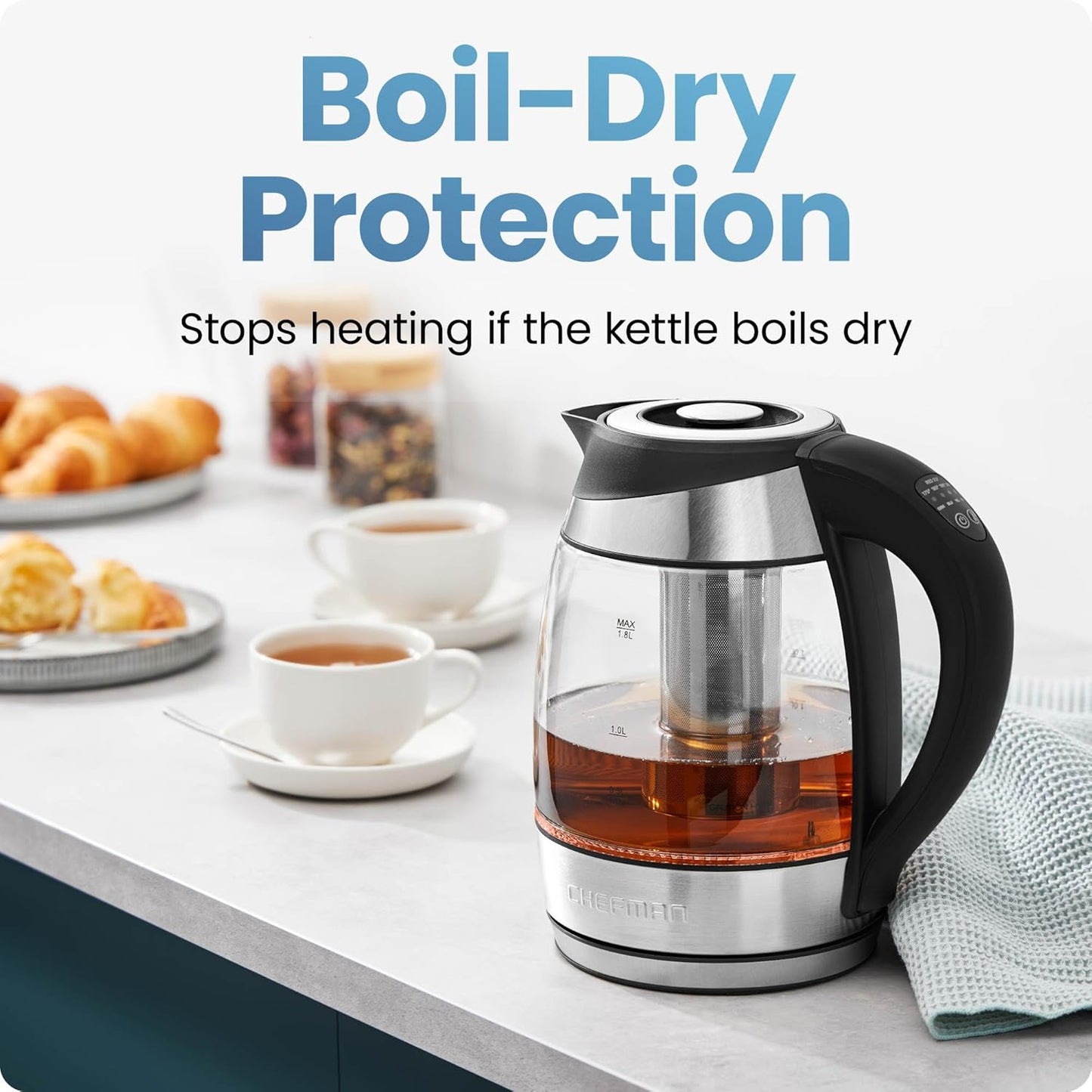 Chefman Electric Kettle with Temperature Control, 5 Presets LED Indicator Lights, Removable Tea Infuser, Glass Tea Kettle & Hot Water Boiler, 360° Swivel Base, BPA Free, Stainless Steel, 1.8 Liters