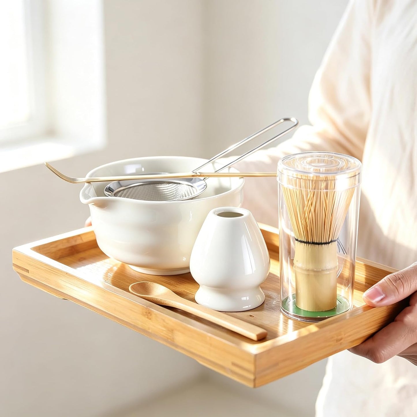 6 Pcs Matcha Set - Matcha Whisk Set & Matcha Bowl Set with Bamboo Scoop, Stainless Steel Sifter, 19 oz Ceramic Pouring Bowl, Matcha Spoon, Whisk Holder - Japanese Tea Ceremony Kit for Gifts (White)