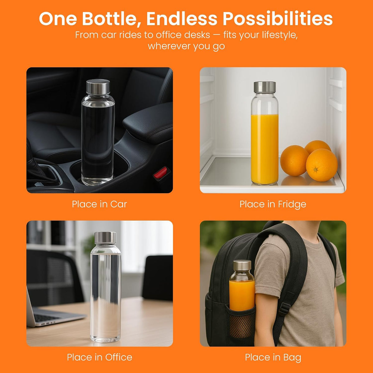 Epica Clear Glass Bottles with Lids, 18 oz Water Bottles, Steel Cap, 4-Pack | Reusable Travel-Friendly Juice bottles Rust-Resistant Durable Glass Stainless steel Air and Water Tight Lids 100% Leak Proof
