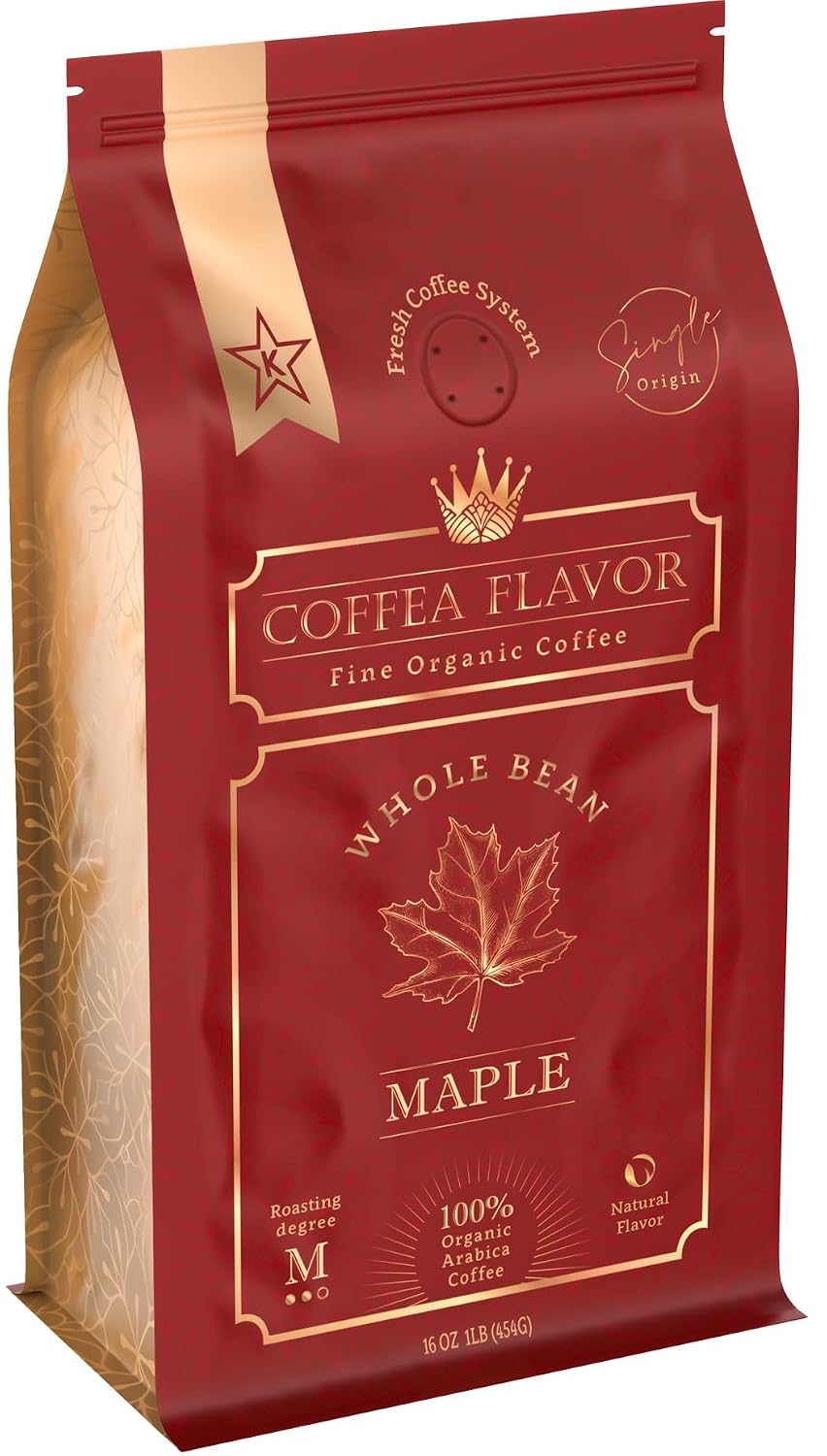 Organic Whole Bean Coffee Medium Roast (16oz) - Maple Flavored | 100% Arabica, Single Origin and Low Acid - USDA Organic and Fair Trade Certified - Naturally Flavored Without Additives