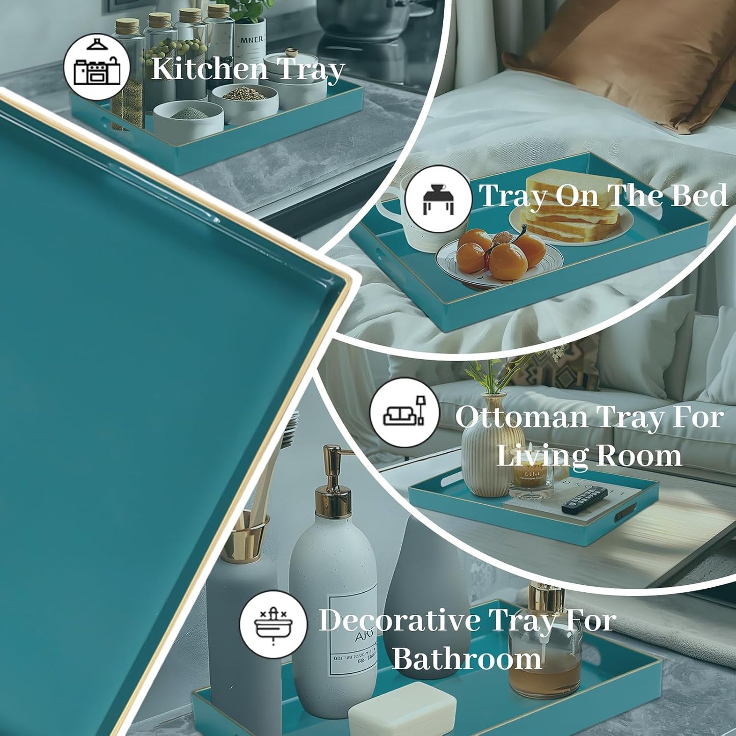 MAONAME Teal Decorative Tray for Coffee Table, Serving Tray with Handles | Plastic Melamine Tray, Modern Ottoman Tray, Rectangular Countertop Organizer Tray for Living Room, 15.8"L x 10.2"W x 1.4"H