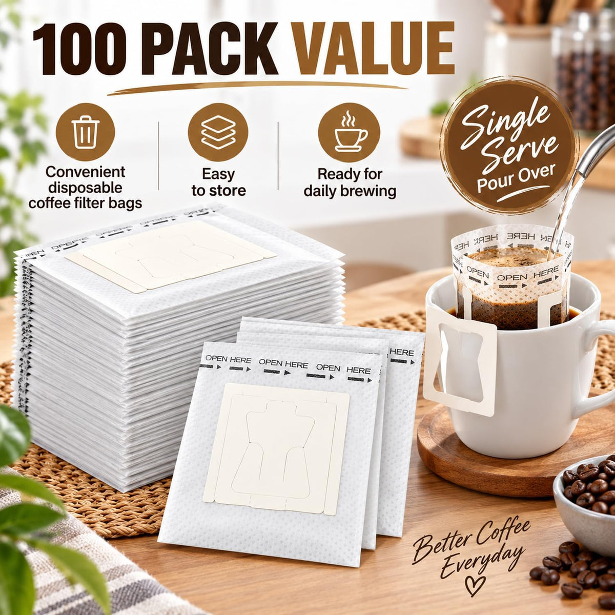 Enenes Coffee Filter Bags, 100 Pack Hanging Ear Single Serve Filters