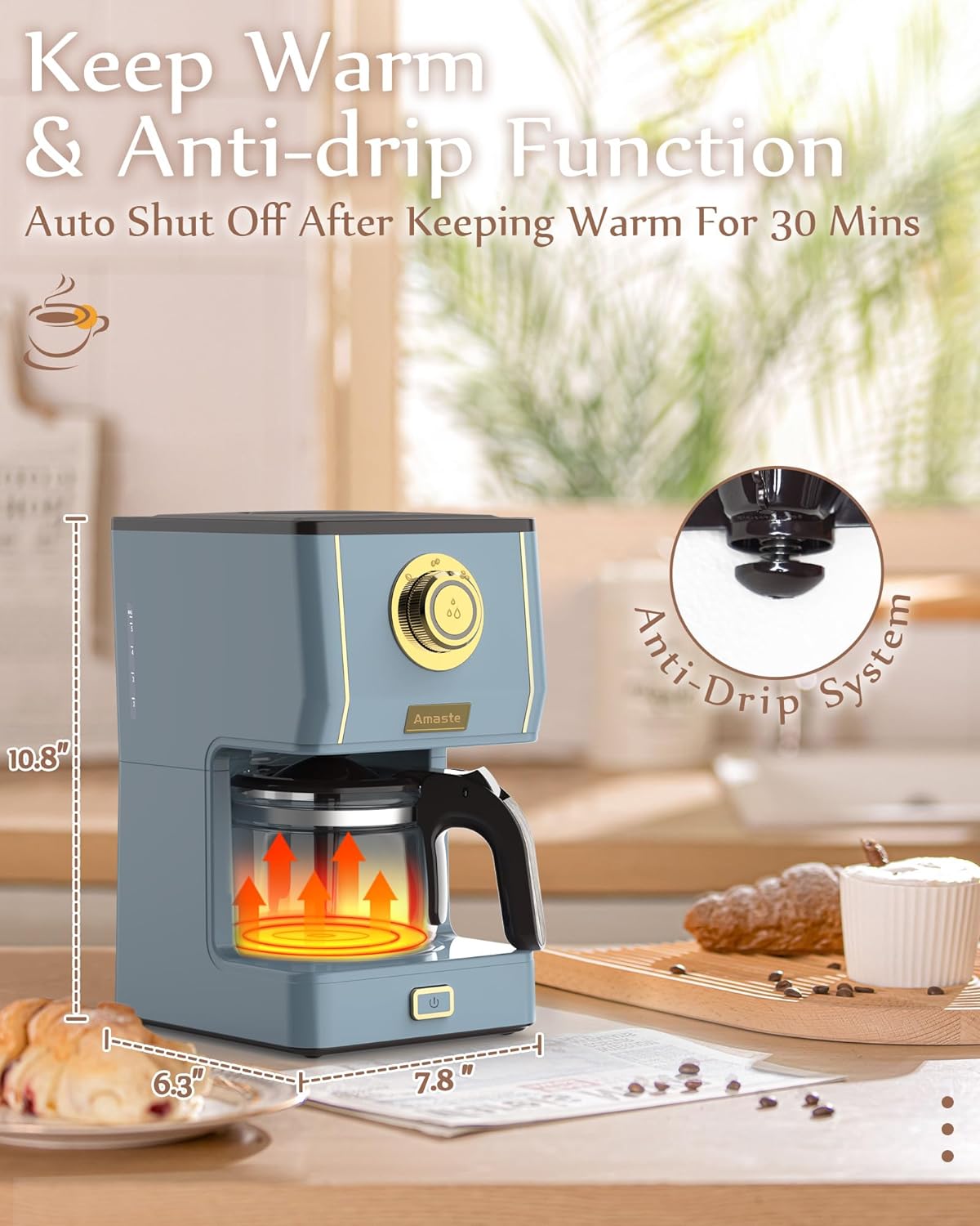 Amaste Coffee Maker, 5 Cup Coffee Pot with Three Brewing Modes, Retro Coffee Maker with Glass Carafe & Reusable Coffee Filter, Drip Coffee Maker Ideal for Home or Office, Keep Warm, Ash Blue