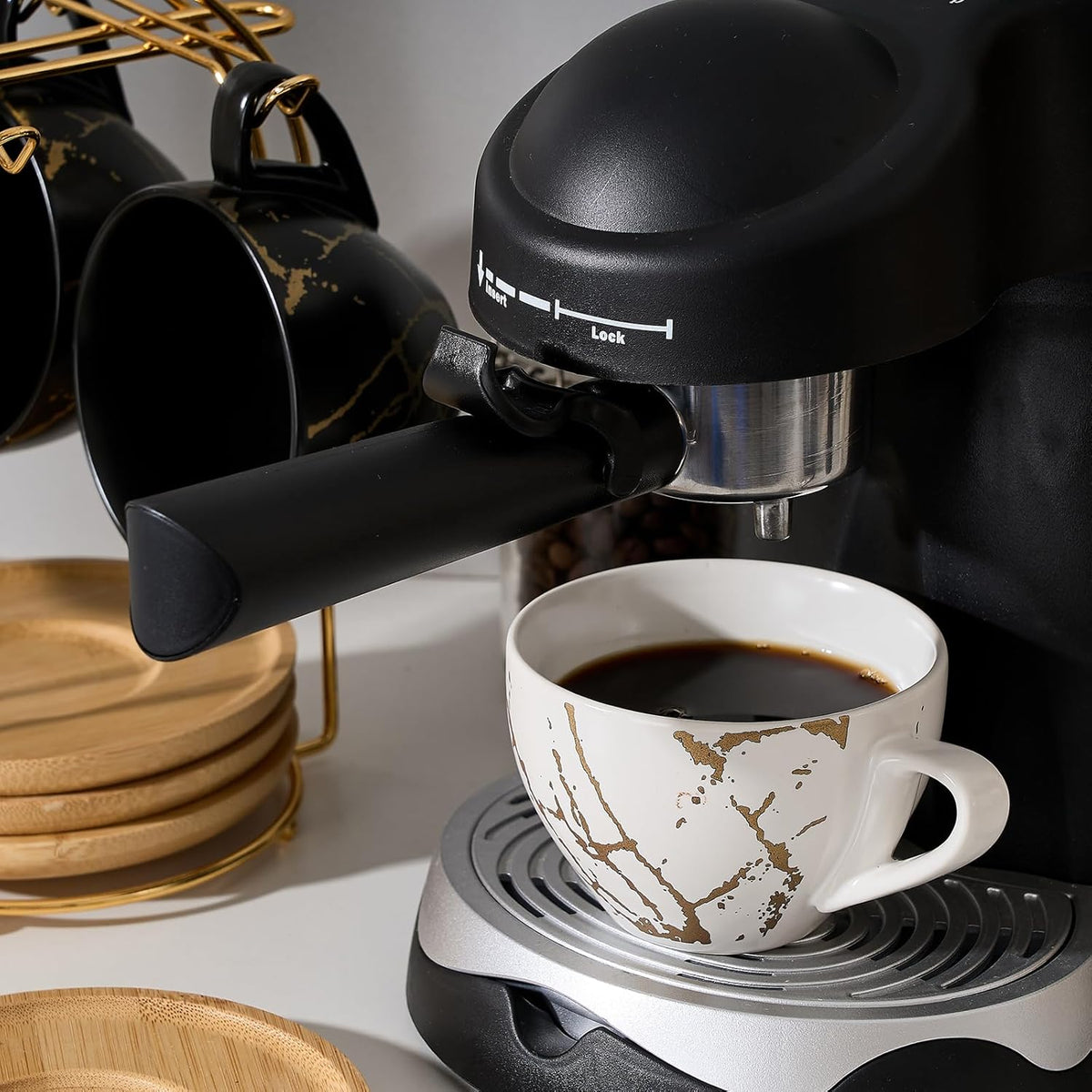 LUKA Ceramic Demitasse Espresso Cups Set with Saucers and Metal Stand, 8 oz Porcelain Stackable Cappuccino Cups Teacup For Tea, Espresso, Latte, Coffee, Cafe Mocha, Set of 4, White & Black