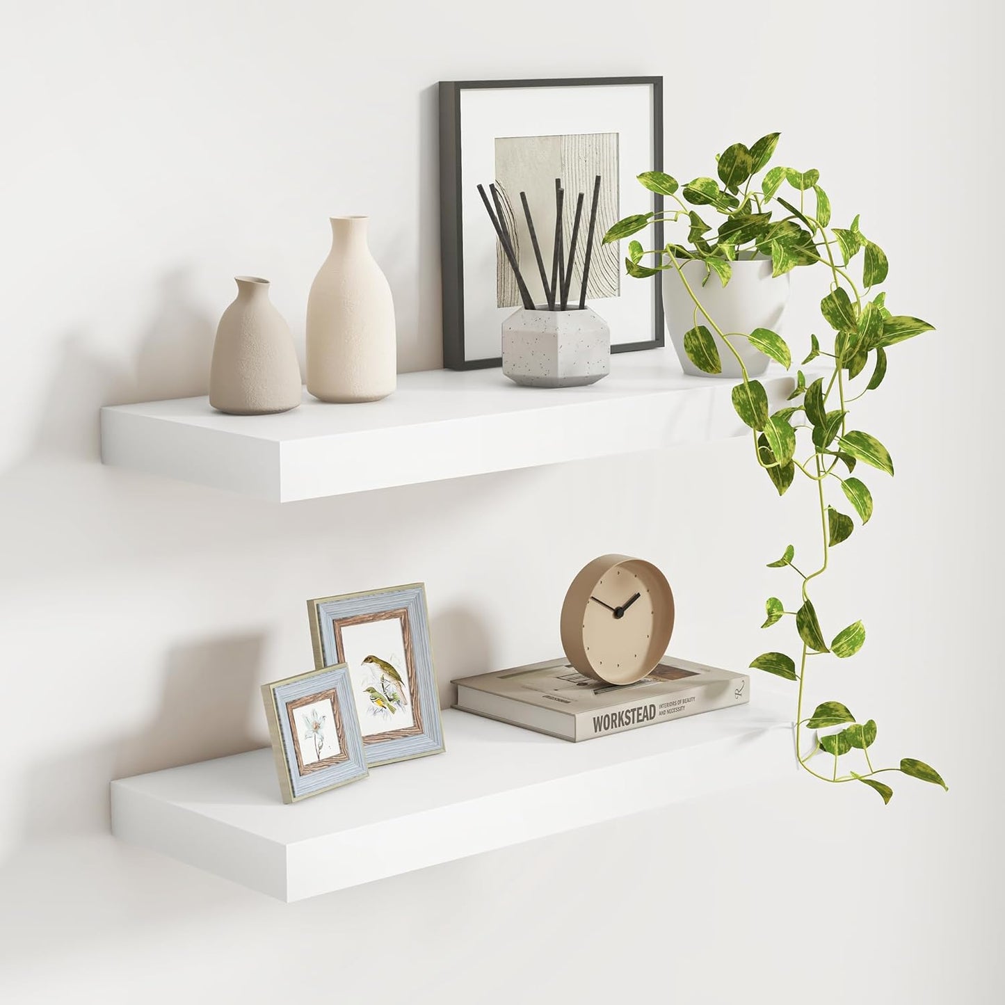 White Floating Shelves 24 Inch Long, 9.3 Inch Deep Floating Shelves for Wall, Rustic Solid Wood Shel