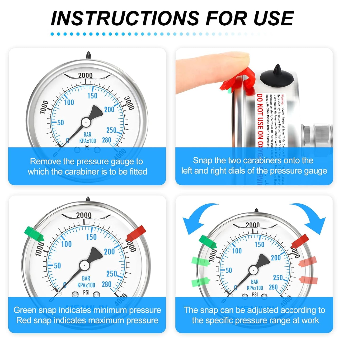 MEANLIN MEASURE 0~4000Psi Stainless Steel Liquid Filled Pressure Gauge 2.5" FACE DIAL 1/4" NPT for WOG Water Oil Air Back Mount with Stainless Steel Hex Bushing and Snaps